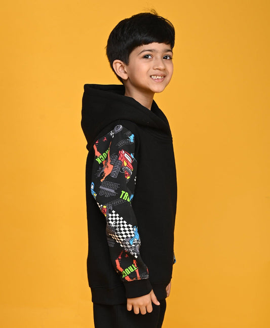 TRUCK BLACK COLOR BLOCK BOYS FLEECE HOODIE - BLACK - Anthrilo