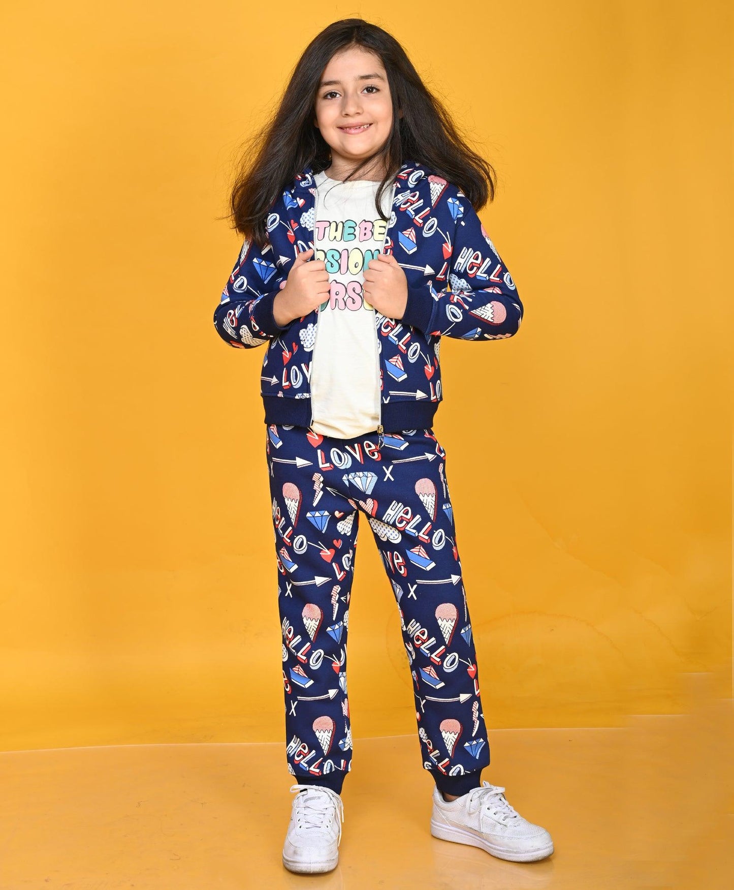 HELLO LOVE GIRLS ZIPPER HOODIE JOGGER SET- NAVY BLUE
