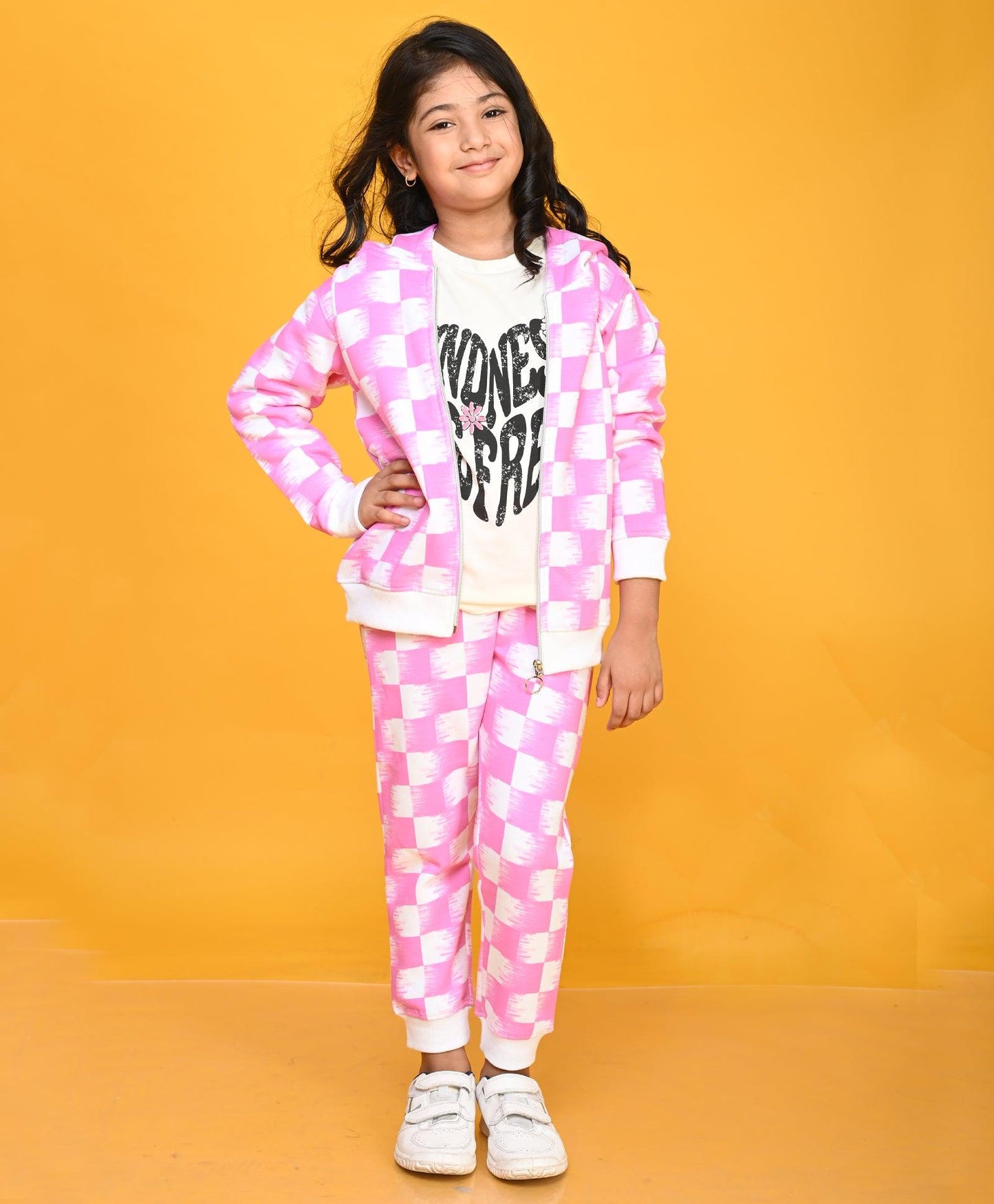 PINK CHECK GIRLS ZIPPER HOODIE JOGGER SET - PINK