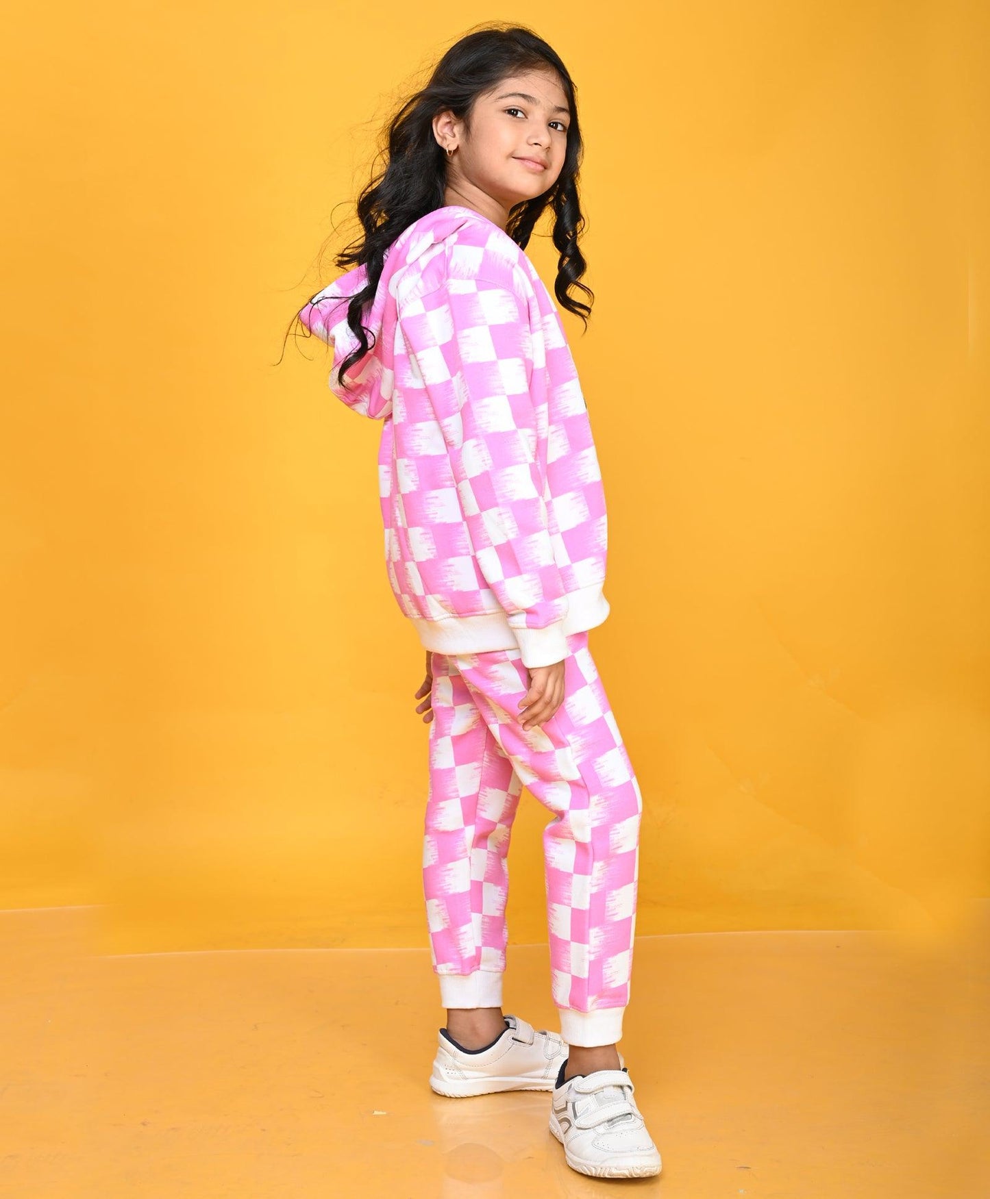 PINK CHECK GIRLS ZIPPER HOODIE JOGGER SET - PINK