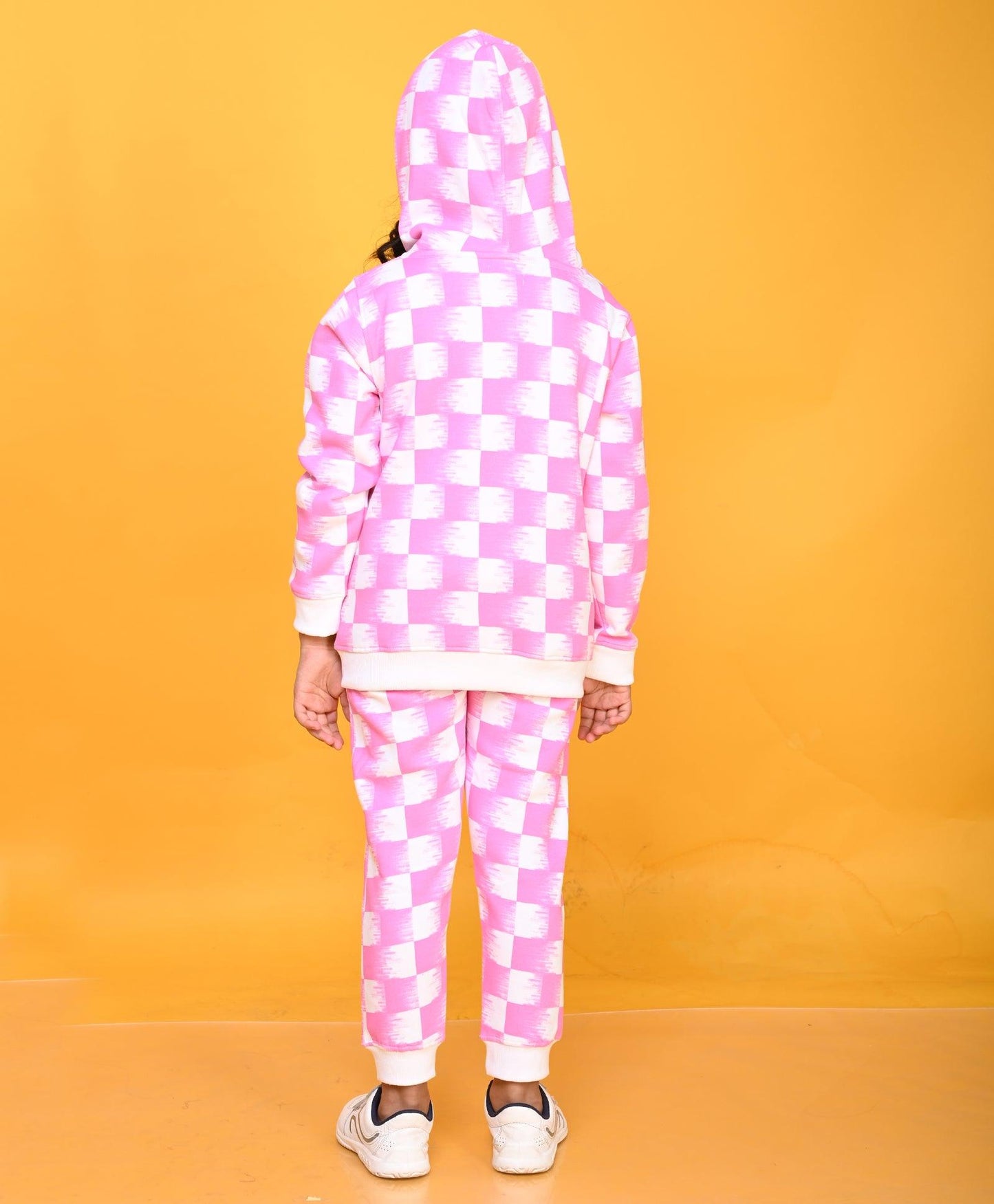 PINK CHECK GIRLS ZIPPER HOODIE JOGGER SET - PINK