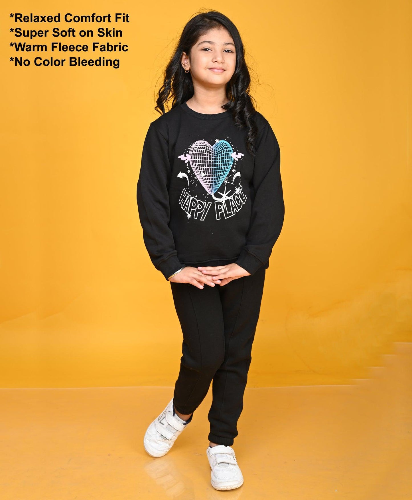 HAPPY PLACE GIRLS FLEECE SWEATSHIRT JOGGER SET - BLACK