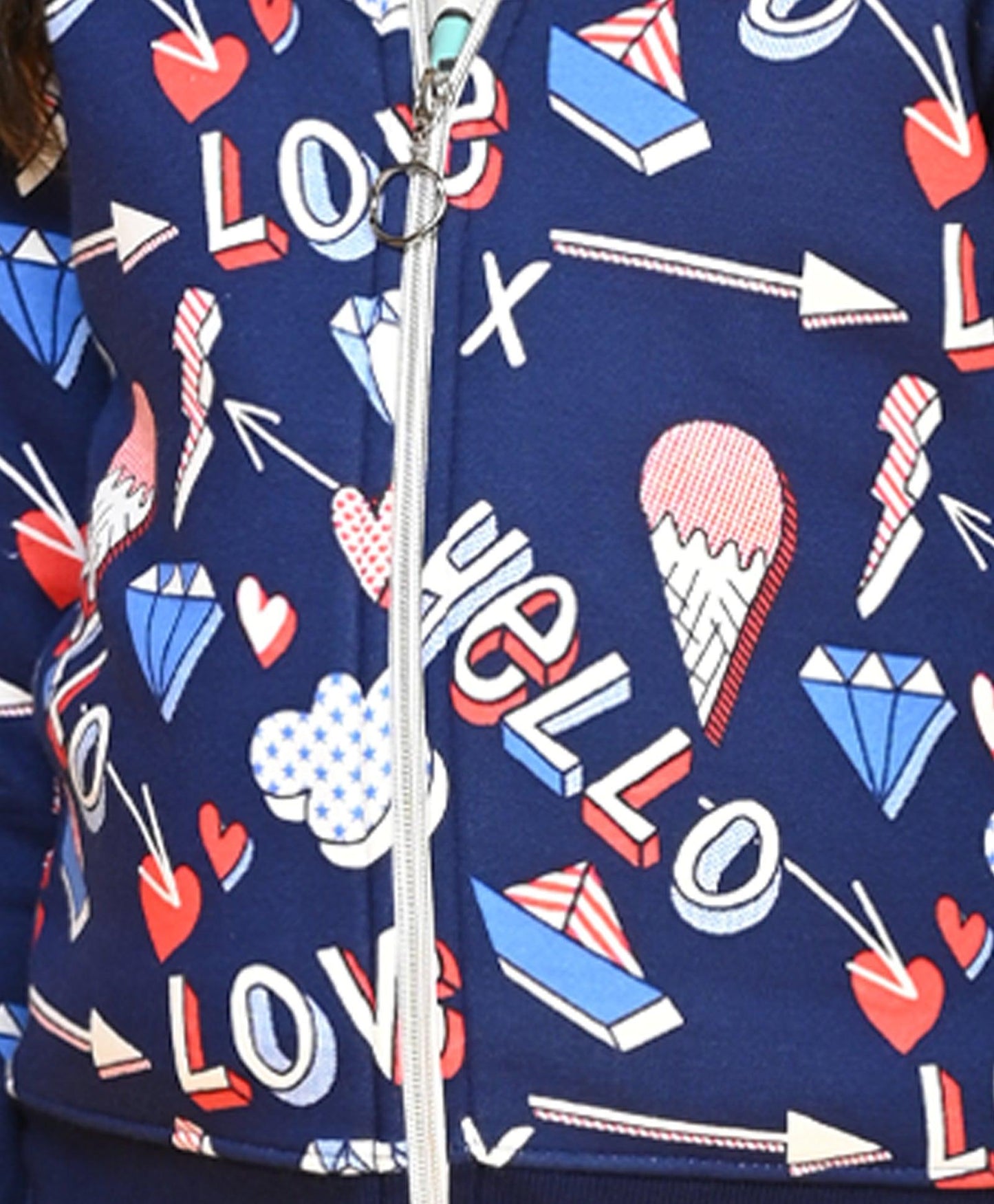 HELLO LOVE GIRLS ZIPPER HOODIE - NAVY BLUE