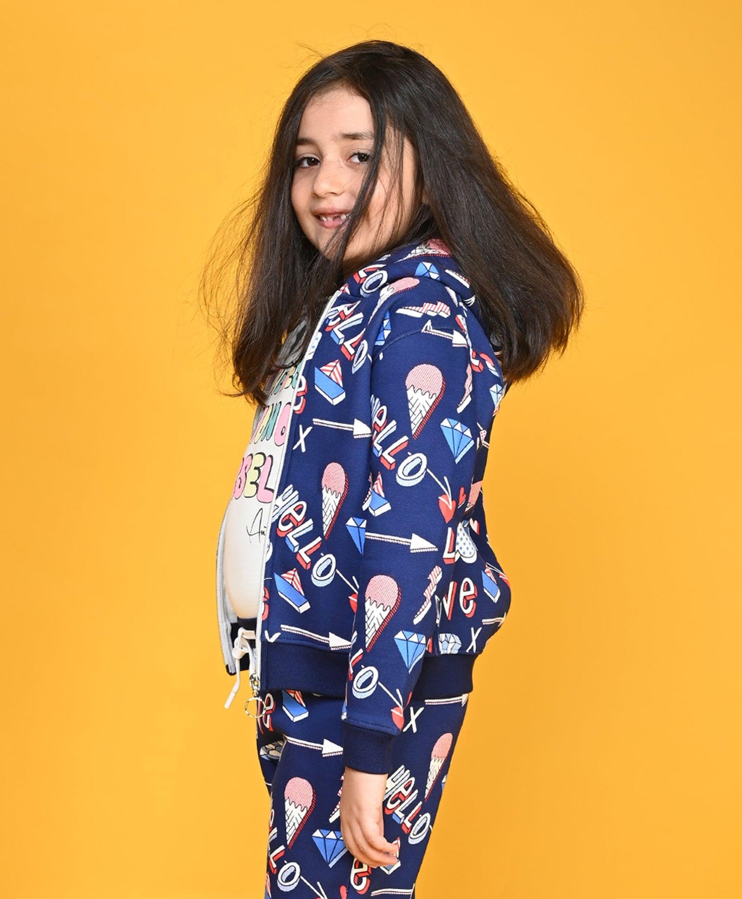 HELLO LOVE GIRLS ZIPPER HOODIE - NAVY BLUE