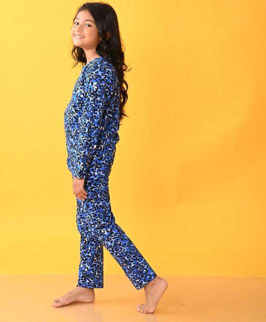 LEOPARD BLUE GIRLS LONG SLEEVE PYJAMA SET - BLUE - Anthrilo