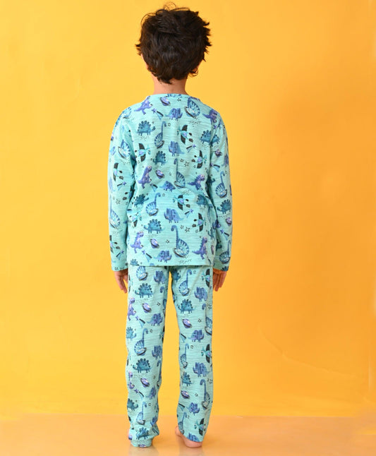 SPACE DINSOAUR LONG SLEEVE PYJAMA SET - AQUA