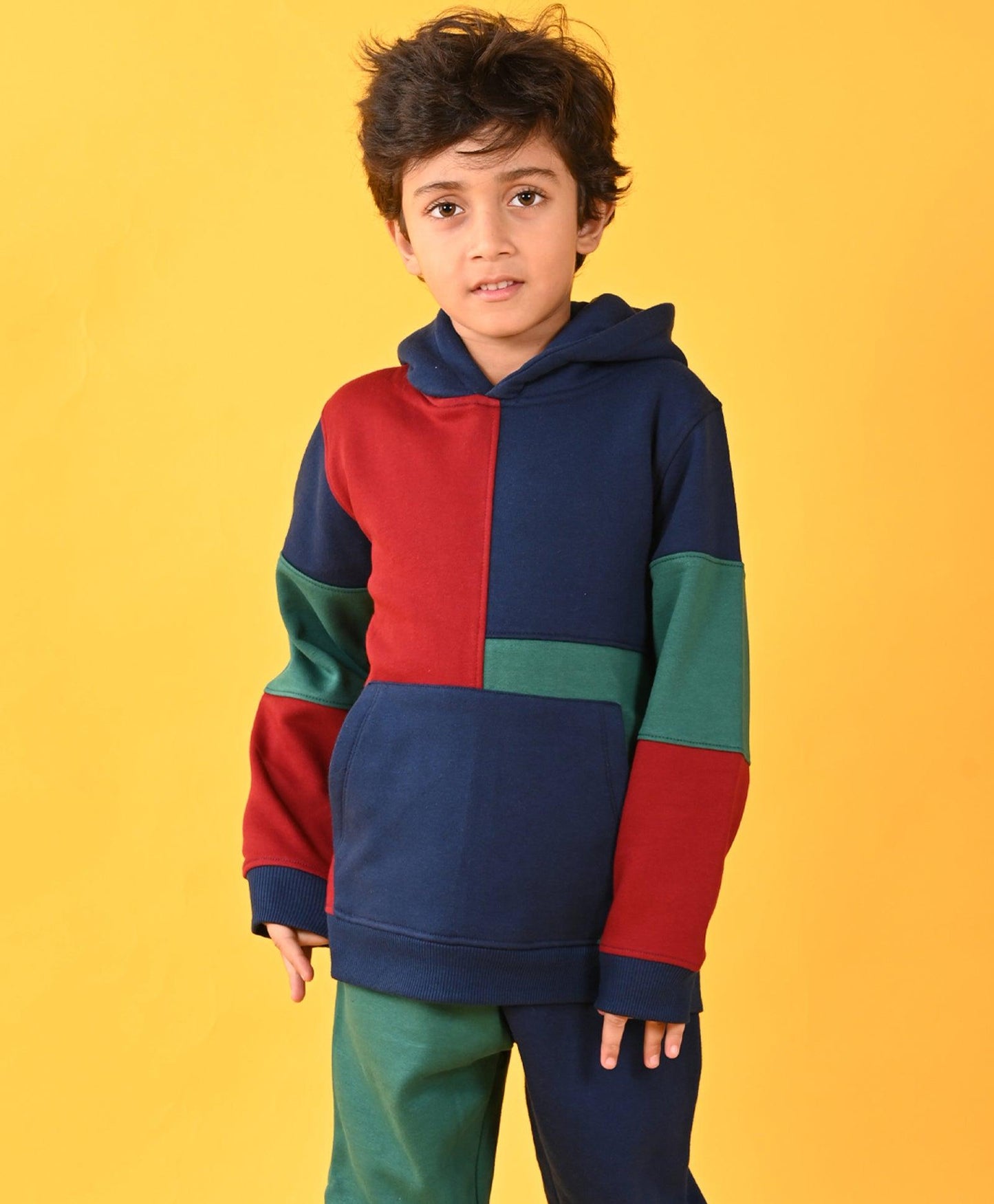 NAVY MEHROON GREEN COLOR BLOCK FLEECE HOODIE - NAVY - Anthrilo