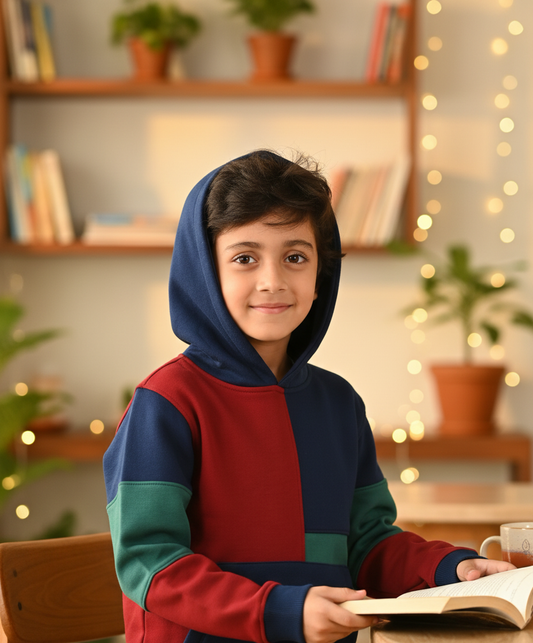 NAVY MEHRRON GREEN COLOR BLOCK FLEECE HOODIE - NAVY