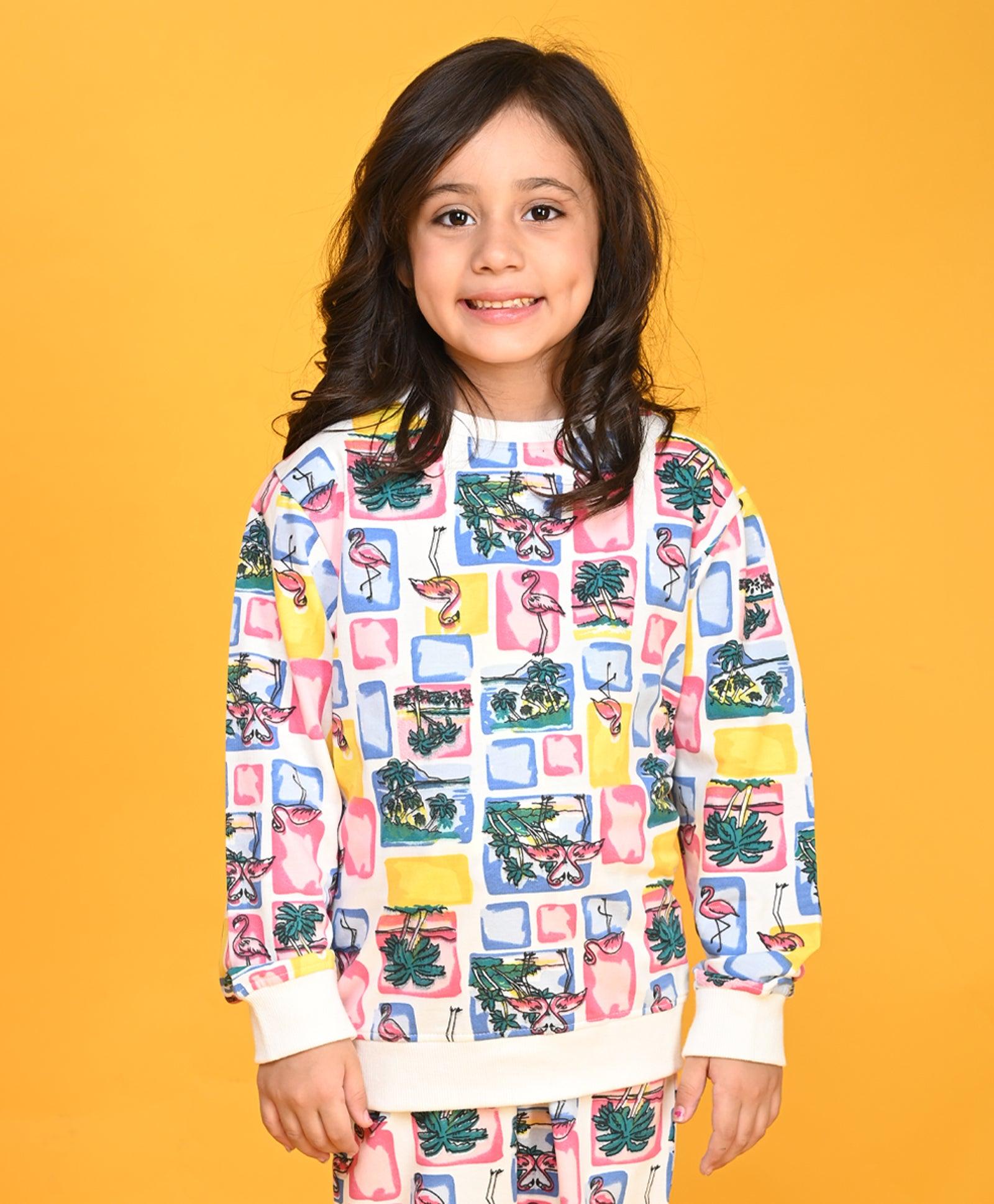 FLAMINGO PRINT TERRY GIRLS SWEATSHIRT - PINK - Anthrilo