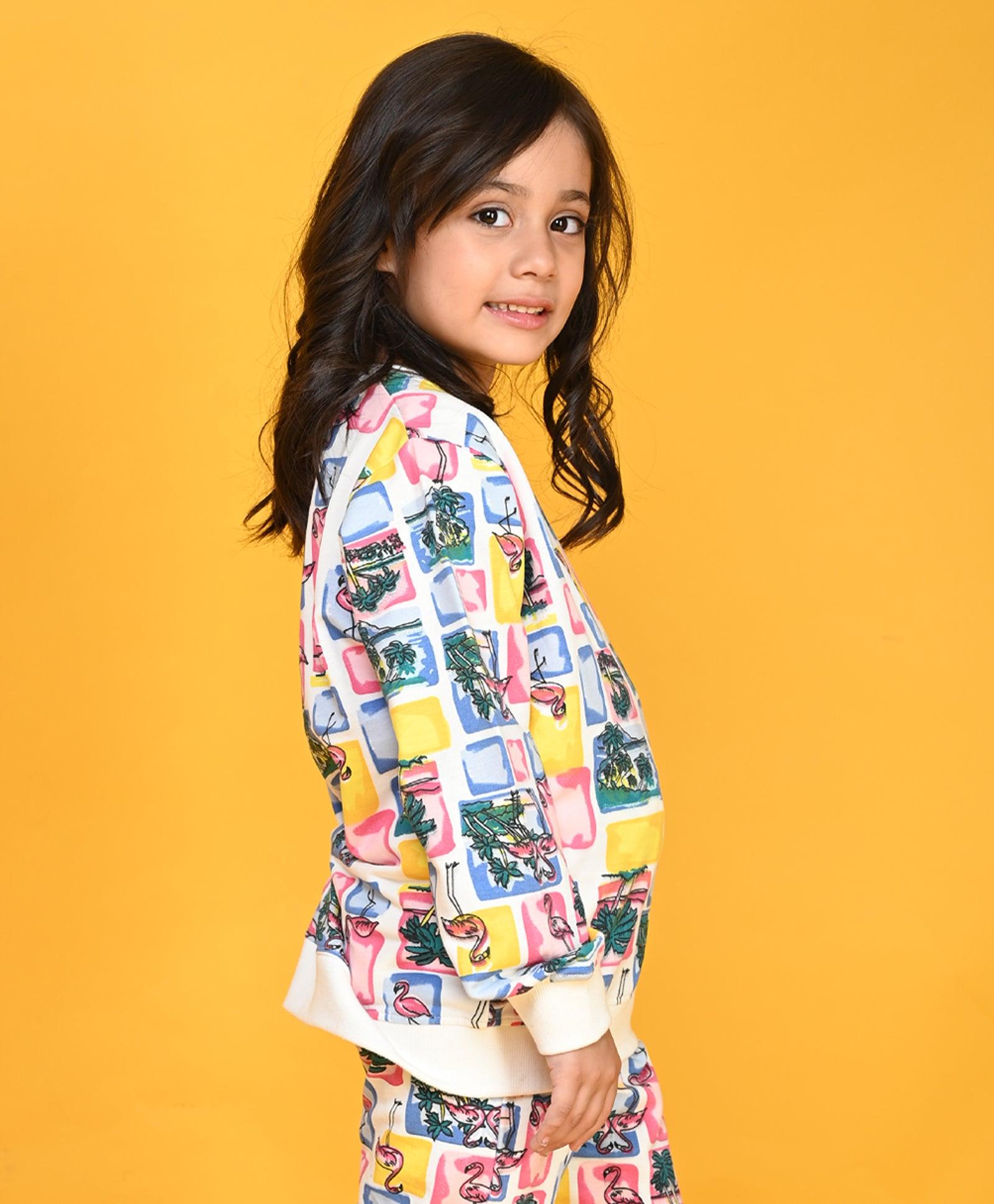 FLAMINGO PRINT TERRY GIRLS SWEATSHIRT - PINK - Anthrilo