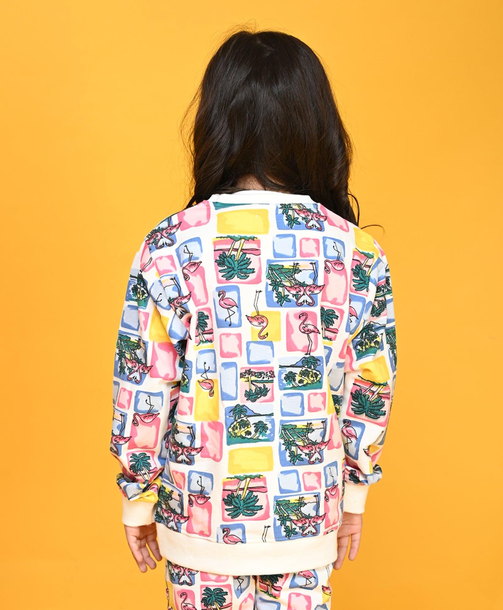 FLAMINGO PRINT TERRY GIRLS SWEATSHIRT - PINK - Anthrilo