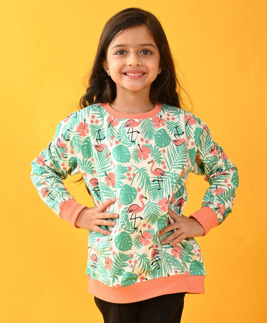 FLAMINGO PALM GIRLS TERRY SWEATSHIRT - PINK - Anthrilo