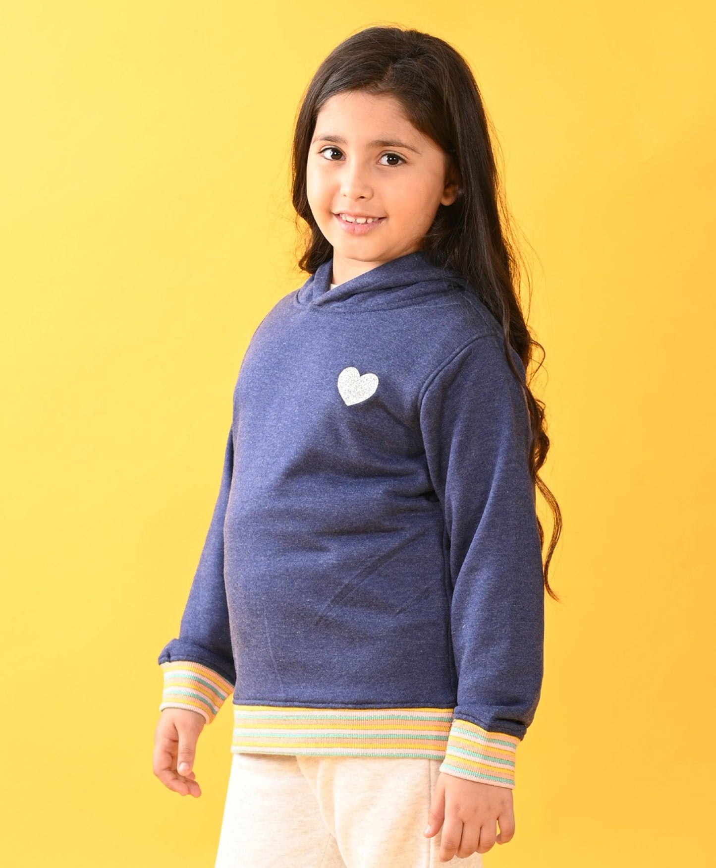 BLUE MELANGE FUN RIB TERRY GIRLS HOODIE D - BLUE