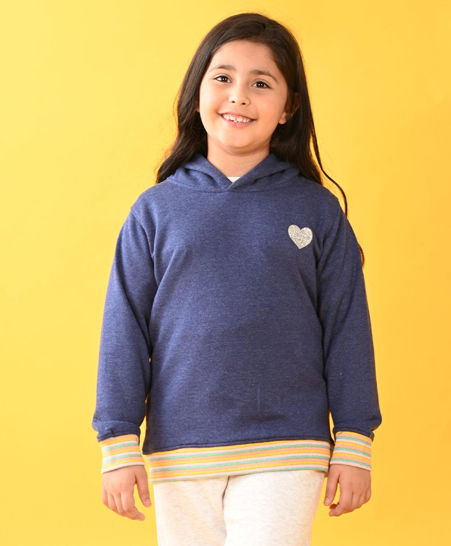 BLUE MELANGE FUN RIB TERRY GIRLS HOODIE D - BLUE