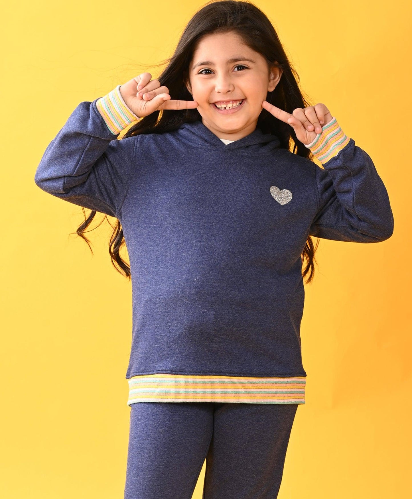 BLUE MELANGE FUN RIB TERRY GIRLS HOODIE D - BLUE