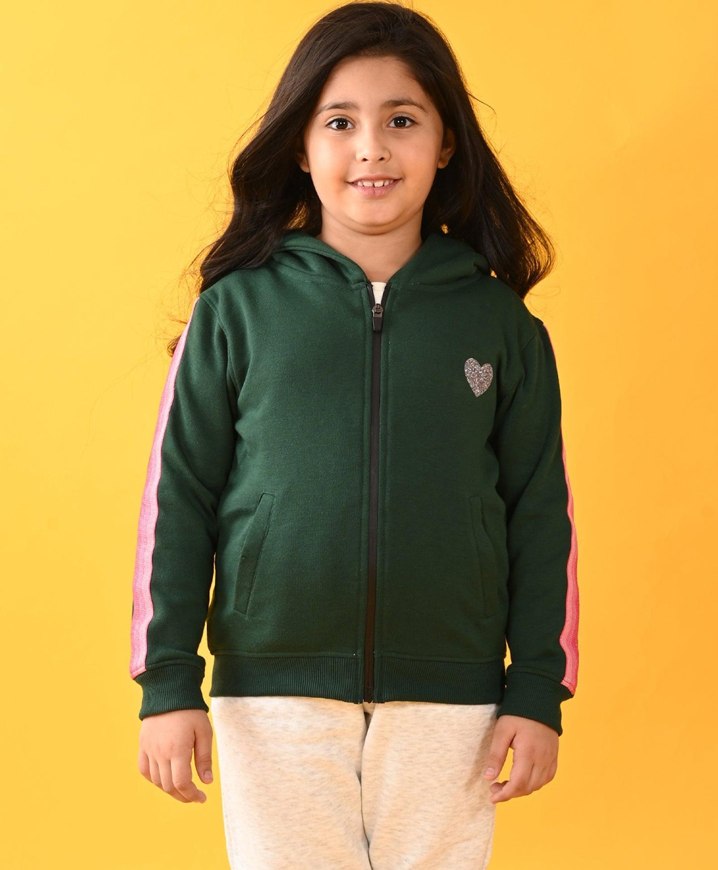 OLIVE FLEECE PINK GLITTER TAPE ZIPPER HOODIE D - OLIVE