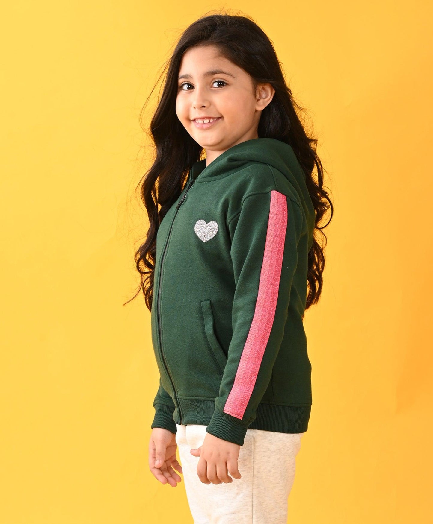 OLIVE FLEECE PINK GLITTER TAPE ZIPPER HOODIE D - OLIVE