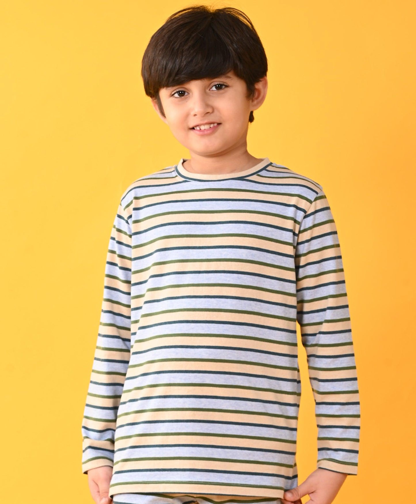 SKY BEIGE GREEN STRIPED LONG SLEEVES BOYS PYJAMA SET - Anthrilo