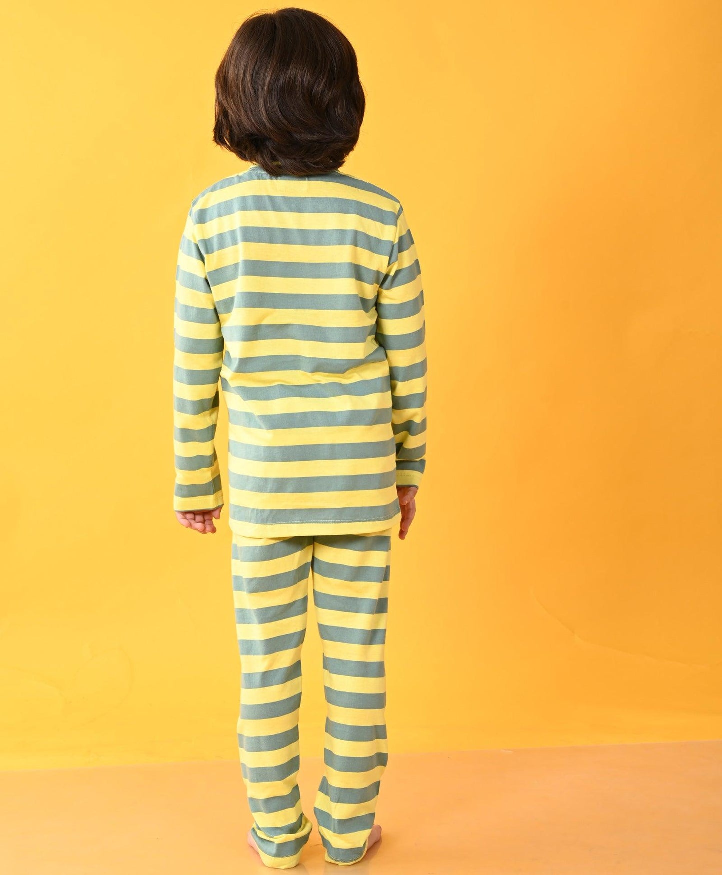 OIL GREEN YELLOW STRIPED LONG SLEEVES BOYS PYJAMA SET - GREEN