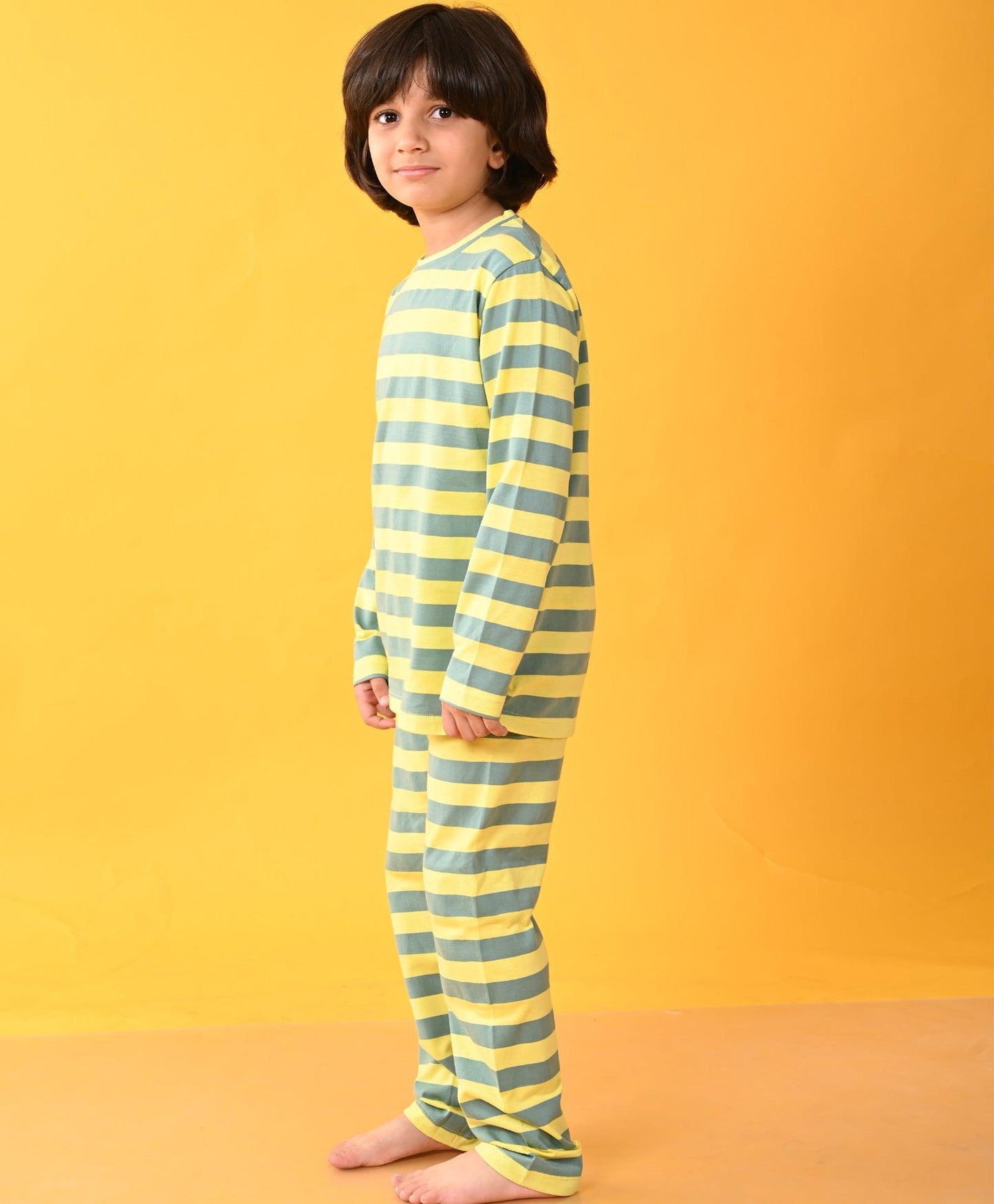 OIL GREEN YELLOW STRIPED LONG SLEEVES BOYS PYJAMA SET - GREEN