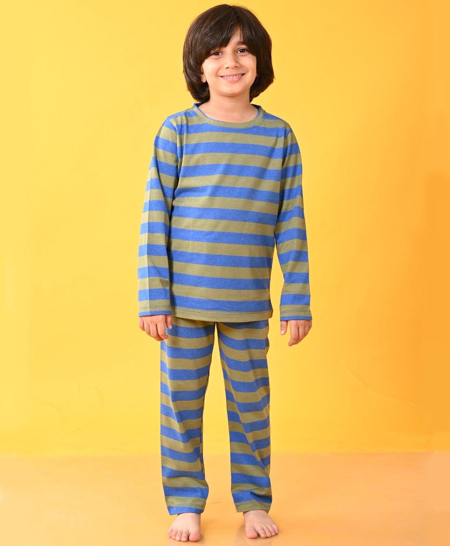 BLUE GREEN MELANGE STRIPED BOYS LONG SLEEVES PYJAMA SET