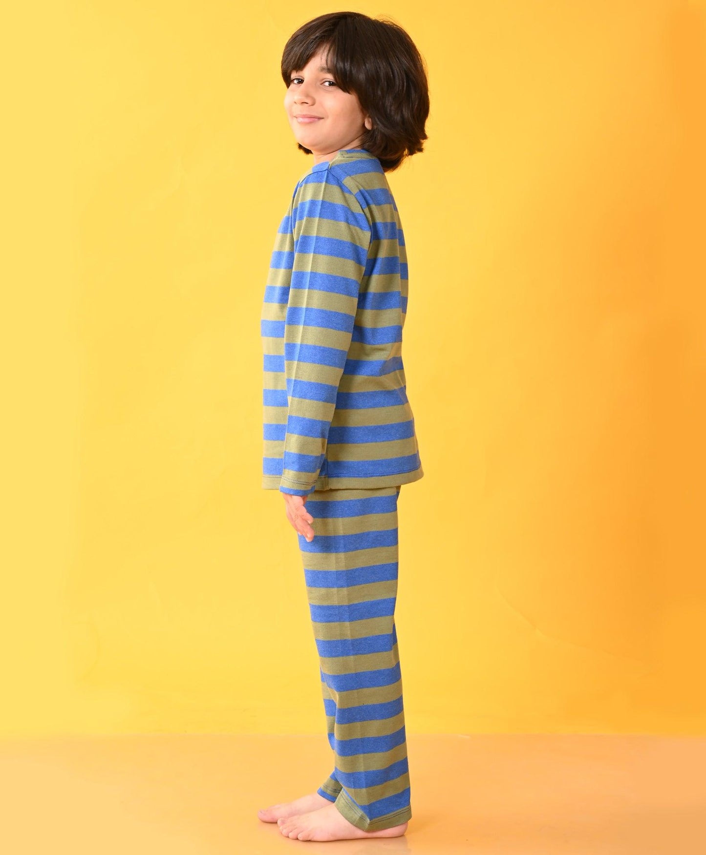 BLUE GREEN MELANGE STRIPED BOYS LONG SLEEVES PYJAMA SET