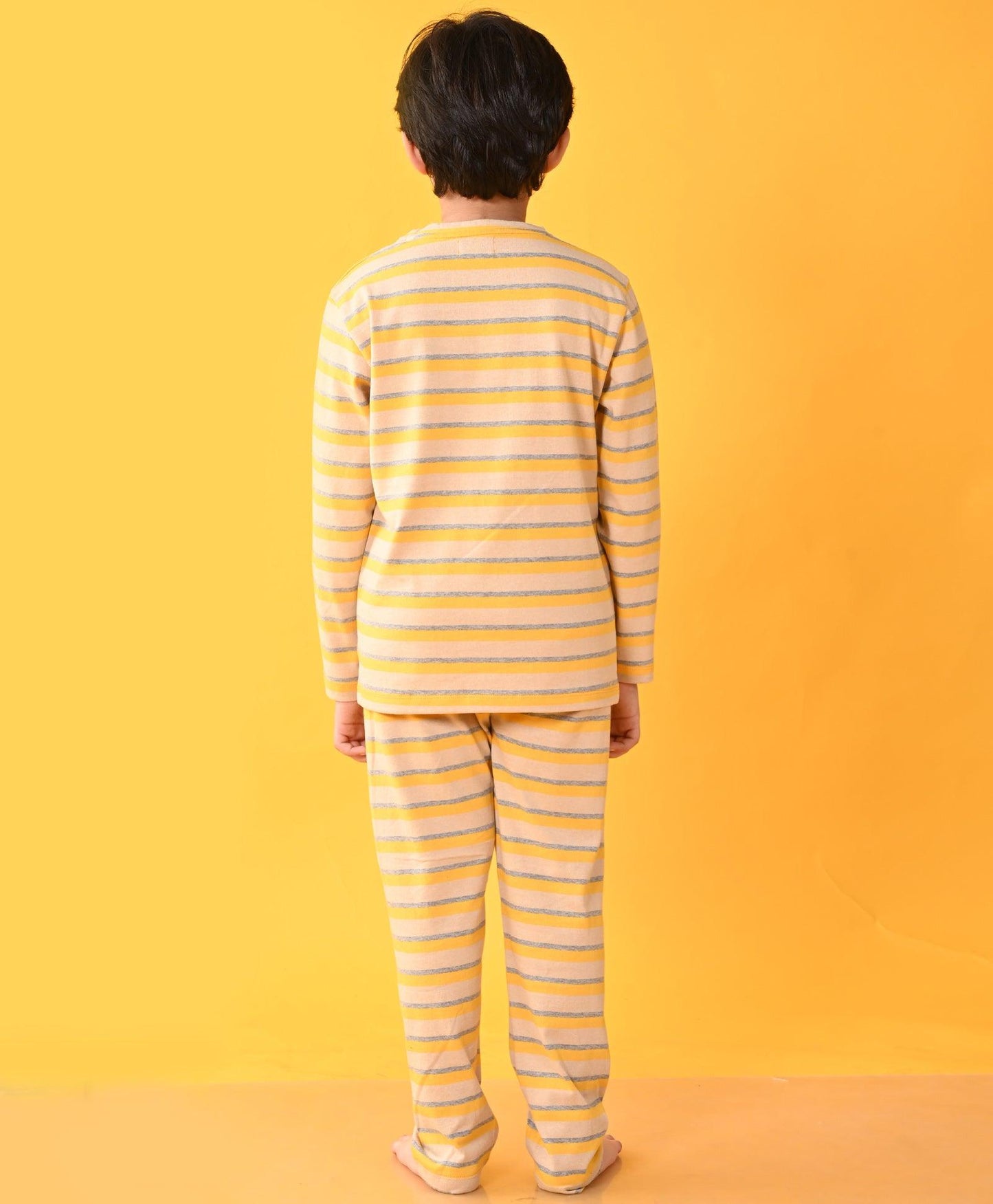 YELLOW GREY BEIGE STRIPED LONG SLEEVES BOYS PYJAMA SET