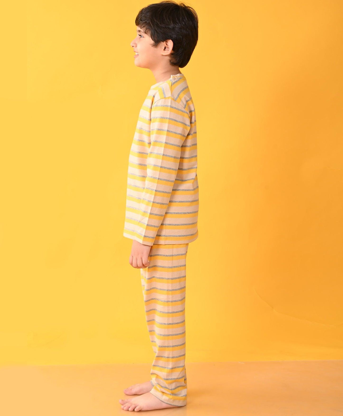 YELLOW GREY BEIGE STRIPED LONG SLEEVES BOYS PYJAMA SET