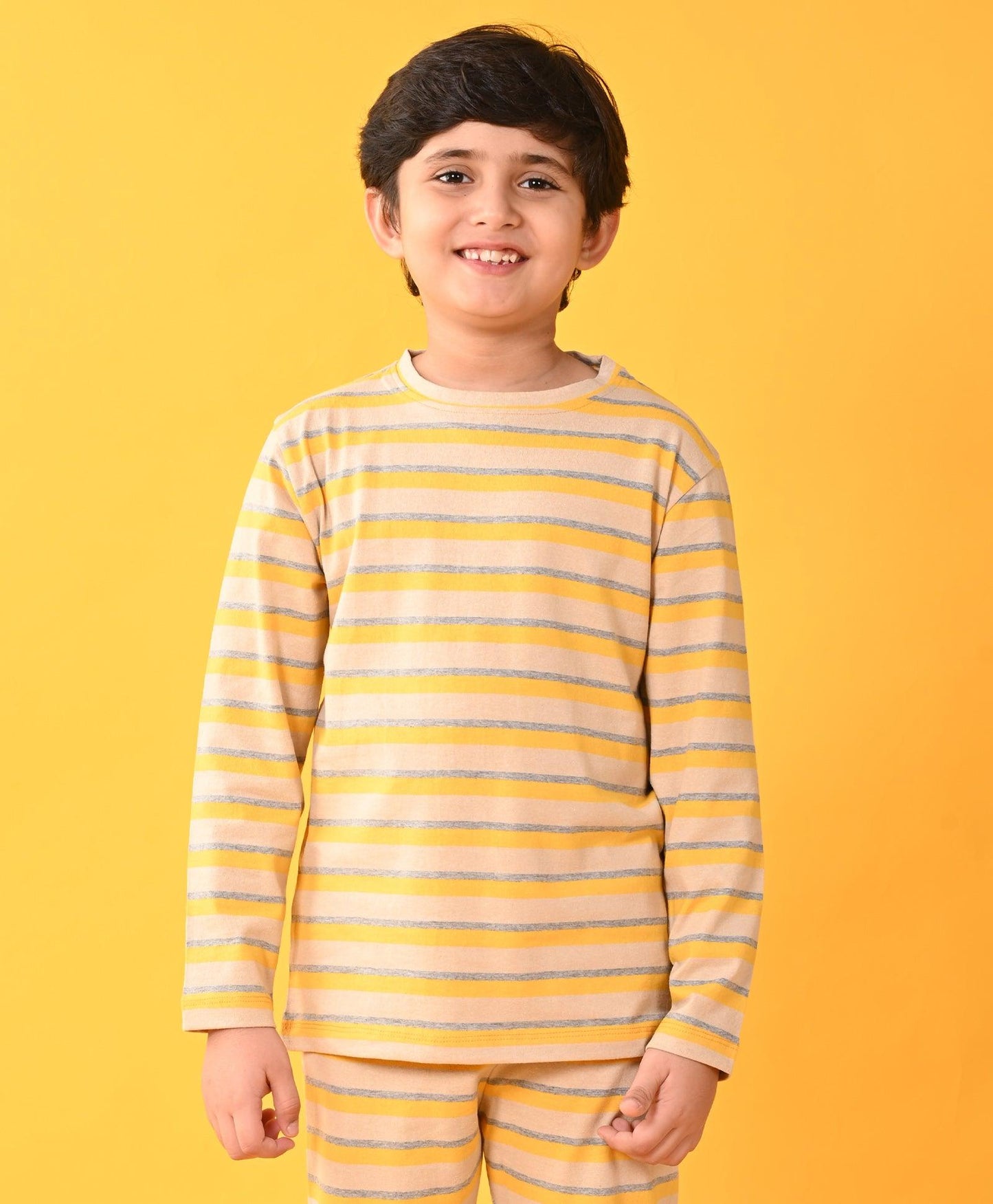 YELLOW GREY BEIGE STRIPED LONG SLEEVES BOYS PYJAMA SET