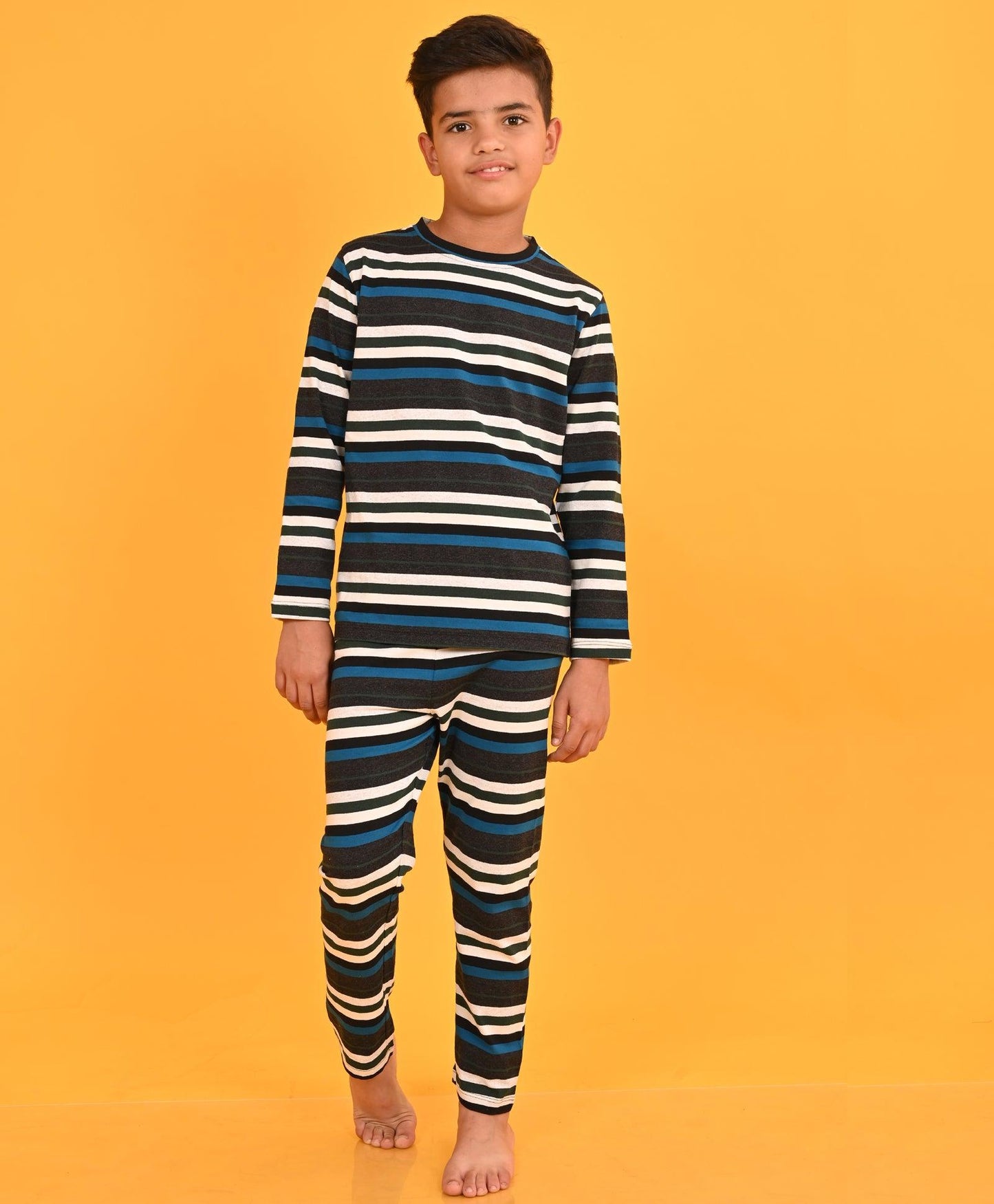 GREY BLUE TURQUOISE STRIPED LONG SLEEVES BOYS PYJAMA SET