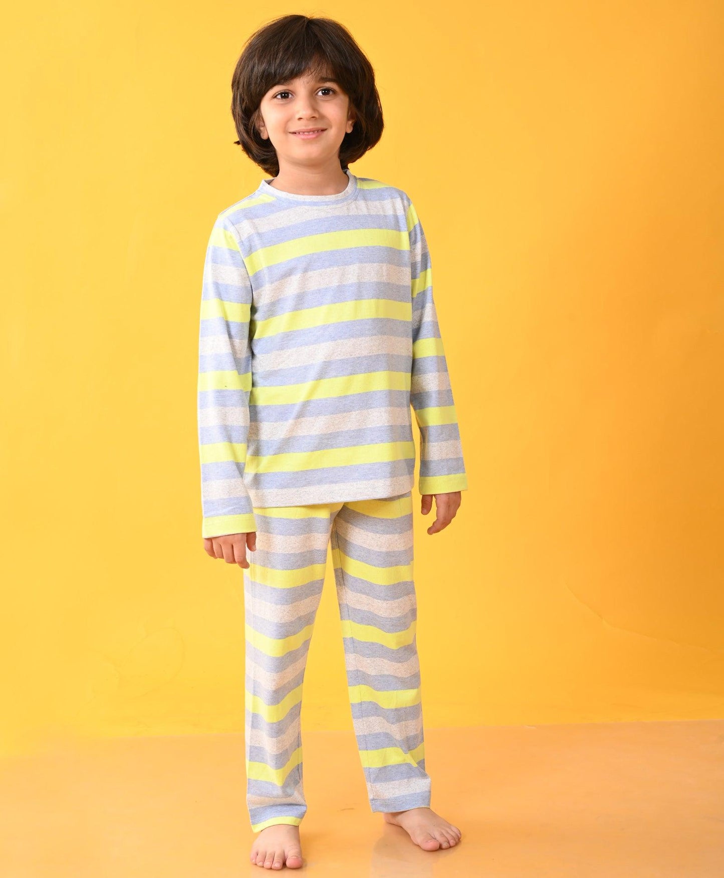 GREY BLUE LIME STRIPED LONG SLEEVES BOYS PYJAMA SET
