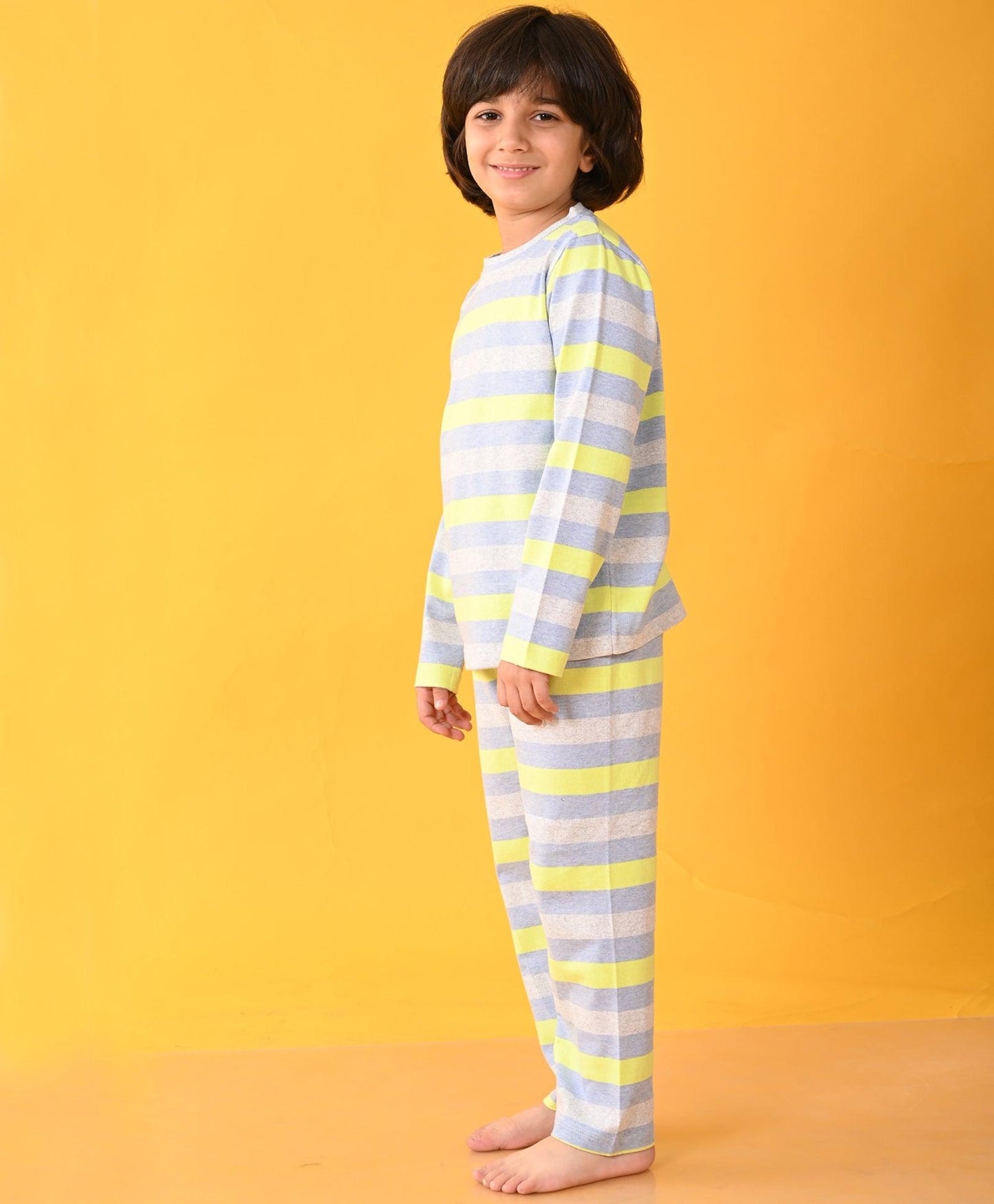 GREY BLUE LIME STRIPED LONG SLEEVES BOYS PYJAMA SET