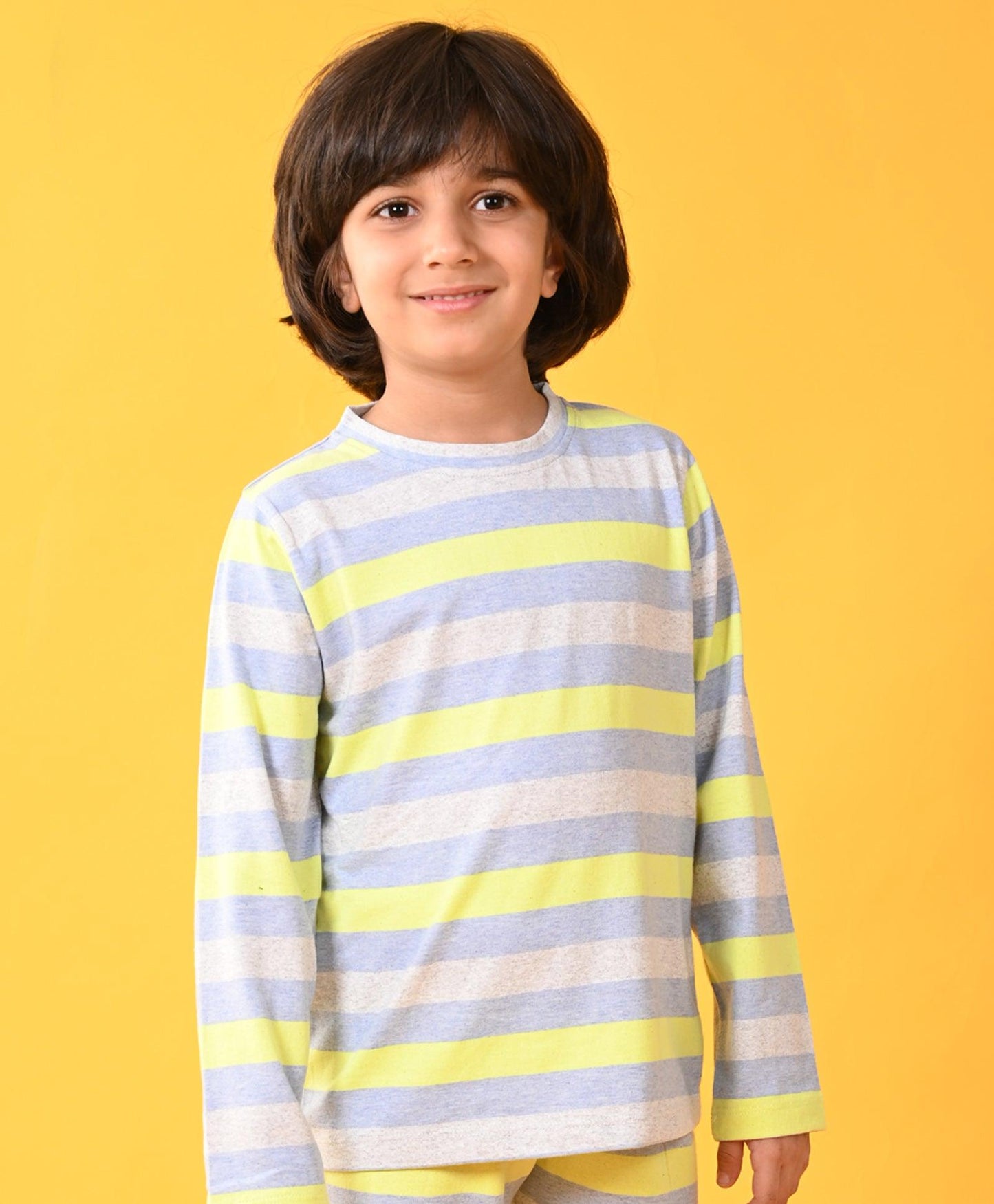 GREY BLUE LIME STRIPED LONG SLEEVES BOYS PYJAMA SET