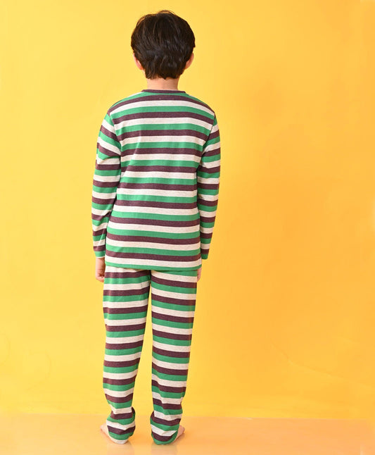 GREEN GREY BROWN STRIPED LONG SLEEVES BOYS PYJAMA SET - Anthrilo