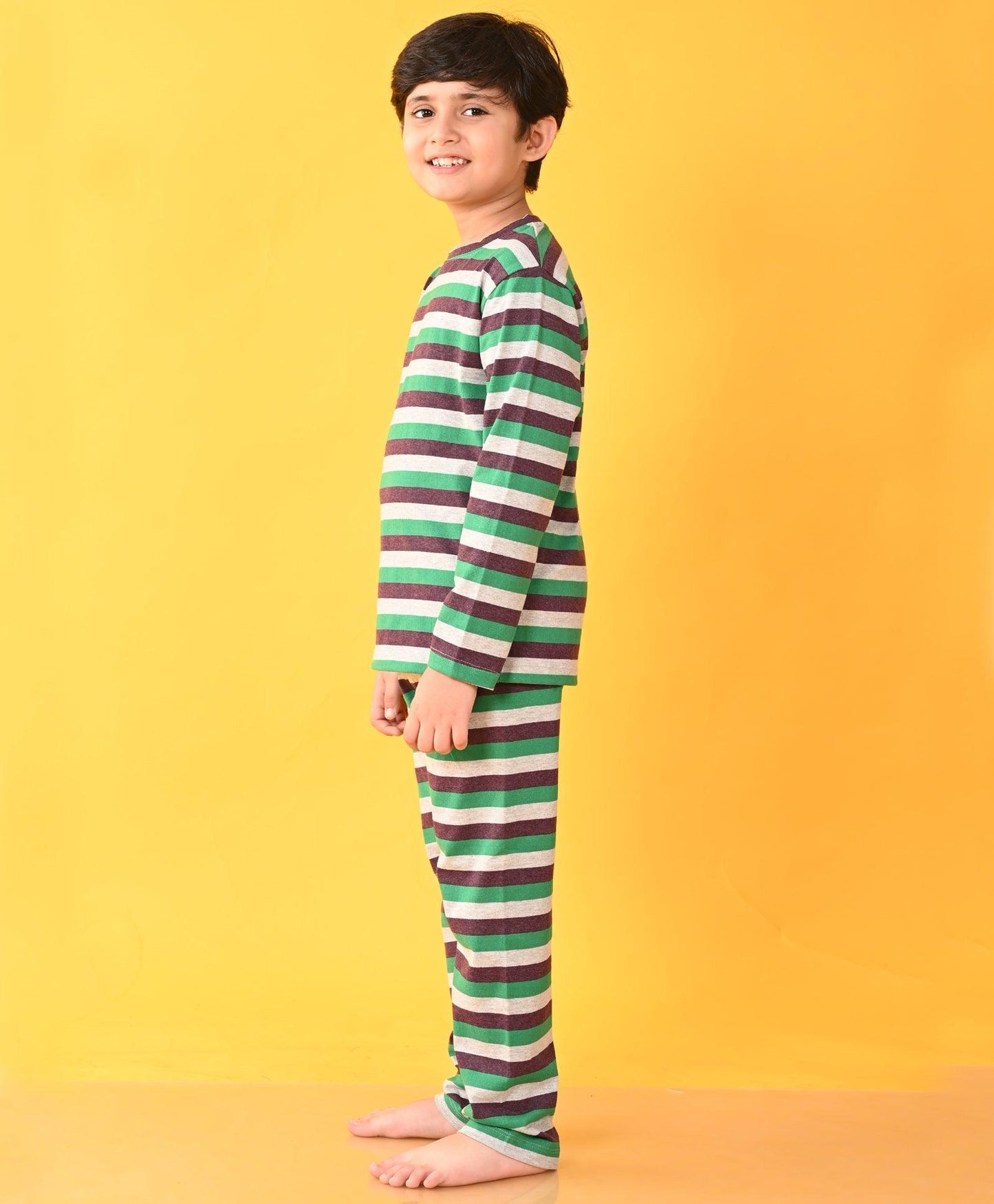 GREEN GREY BROWN STRIPED LONG SLEEVES BOYS PYJAMA SET - Anthrilo