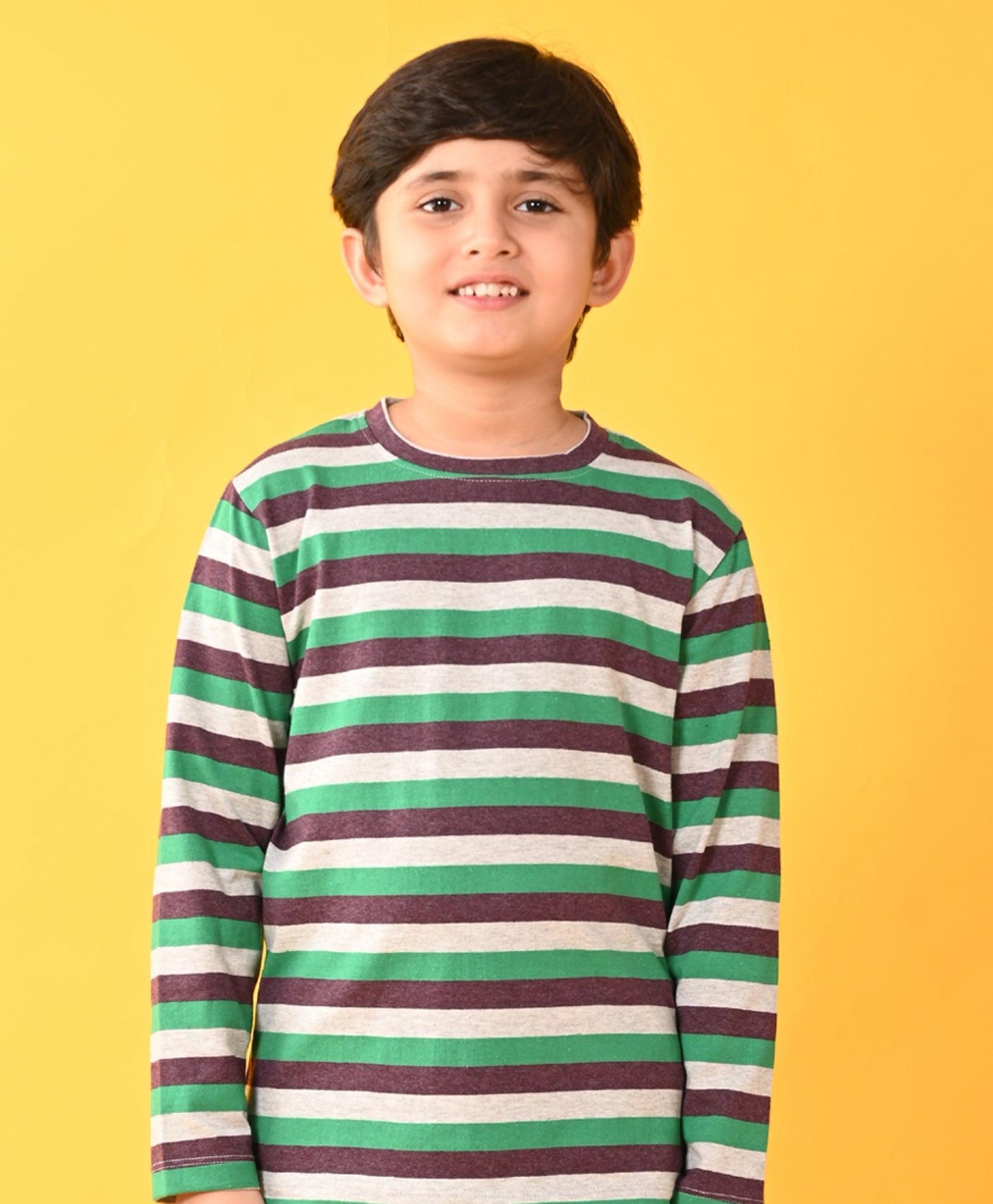 GREEN GREY BROWN STRIPED LONG SLEEVES BOYS PYJAMA SET - Anthrilo