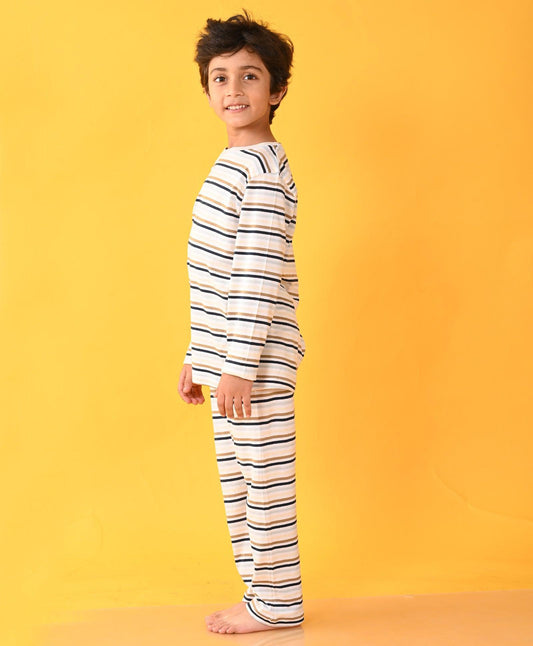 BEIGE ROYAL SKY STRIPED BOYS LONG SLEEVES PYJAMA SET - Anthrilo