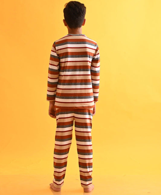 GRINDLE BEIGE STRIPED BOYS LONG SLEEVES PYJAMA SET - Anthrilo
