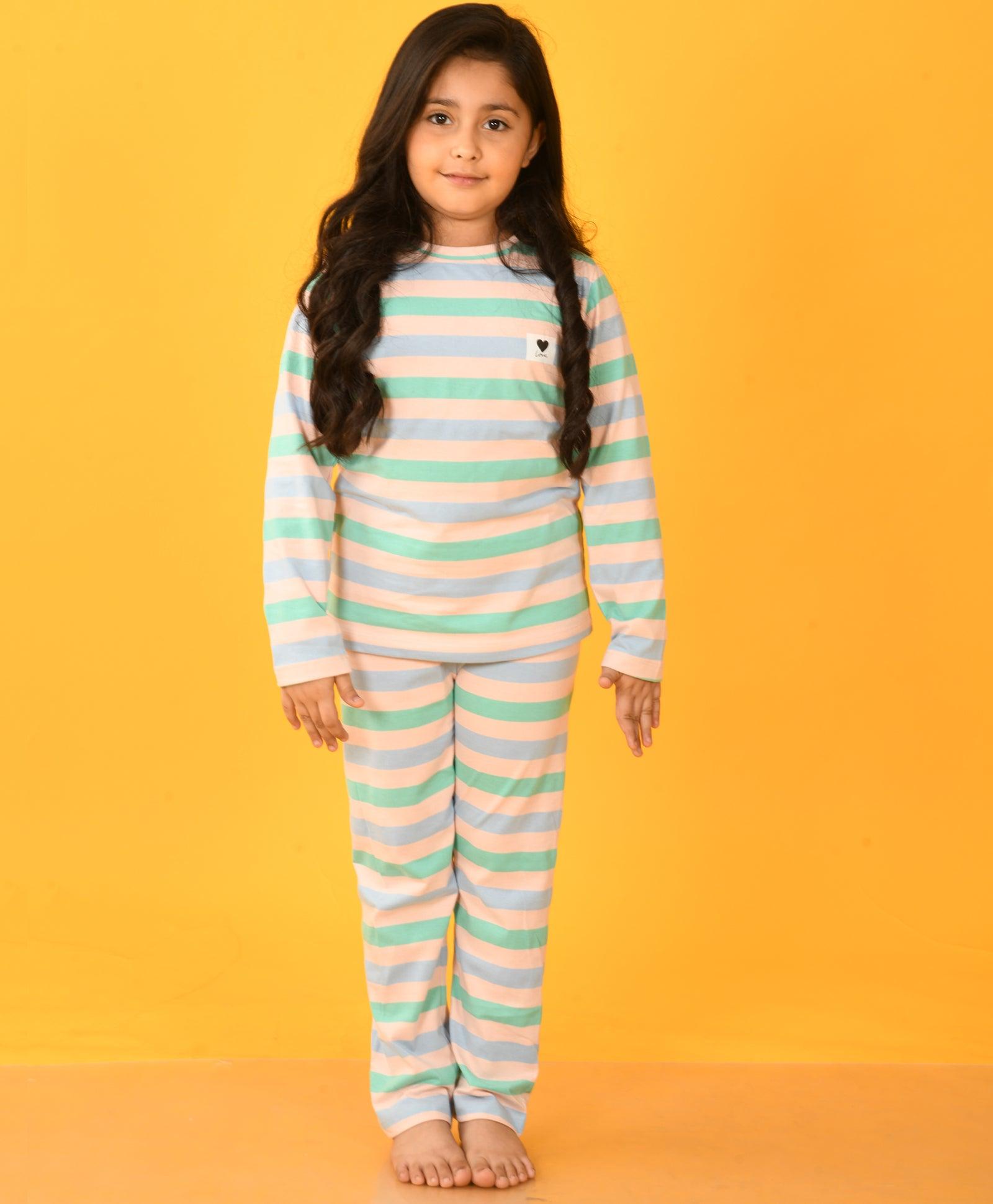 PINK SKY AQUA STRIPED LONG SLEEVES GIRLS PYJAMA SET - Anthrilo