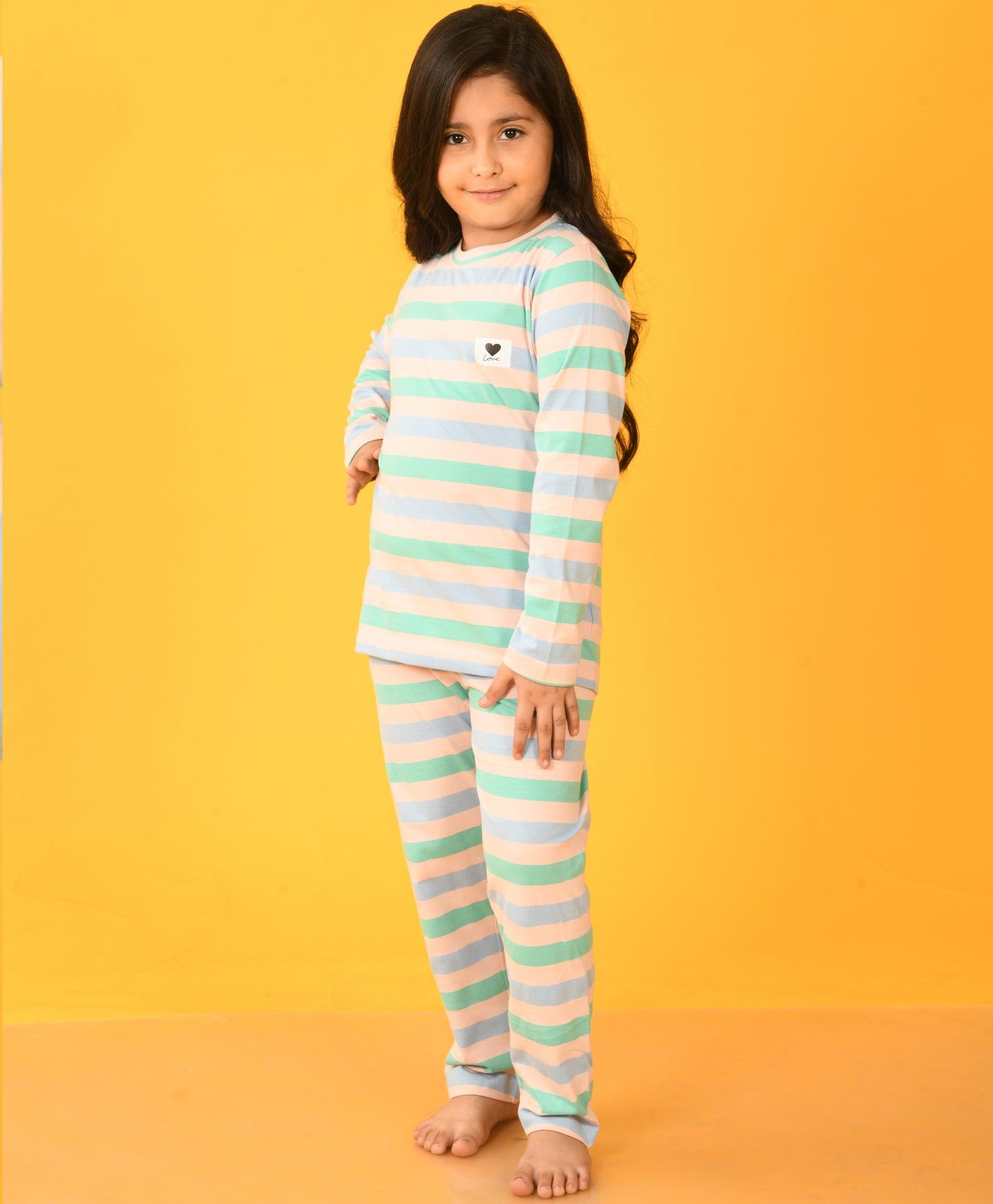 PINK SKY AQUA STRIPED LONG SLEEVES GIRLS PYJAMA SET - Anthrilo