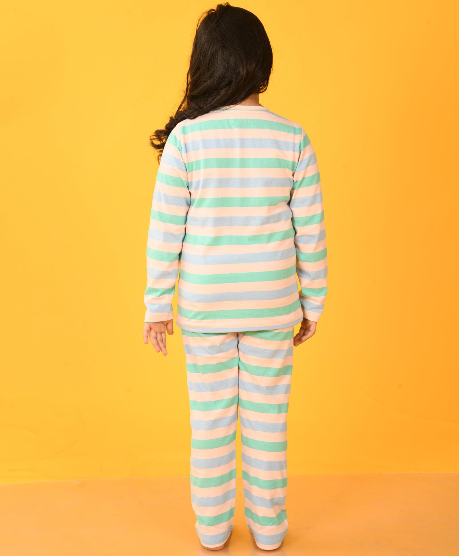 PINK SKY AQUA STRIPED LONG SLEEVES GIRLS PYJAMA SET - Anthrilo