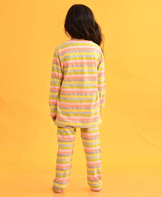 SKY YELLOW LIME PINK STRIPED LONG SLEEVES GIRLS PYJAMA SET - Anthrilo