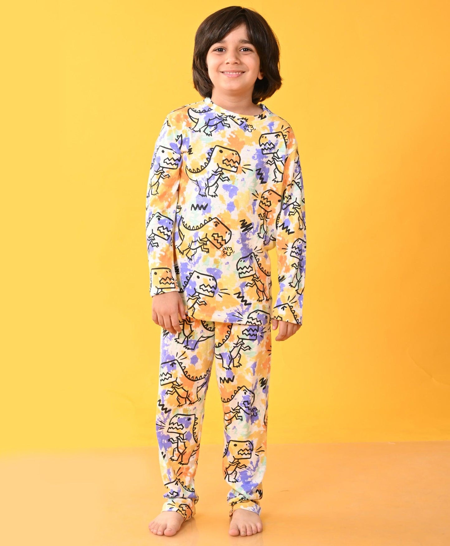TIE DYE DINOSAUR LONG SLEEVES PYJAMA SET D - WHITE