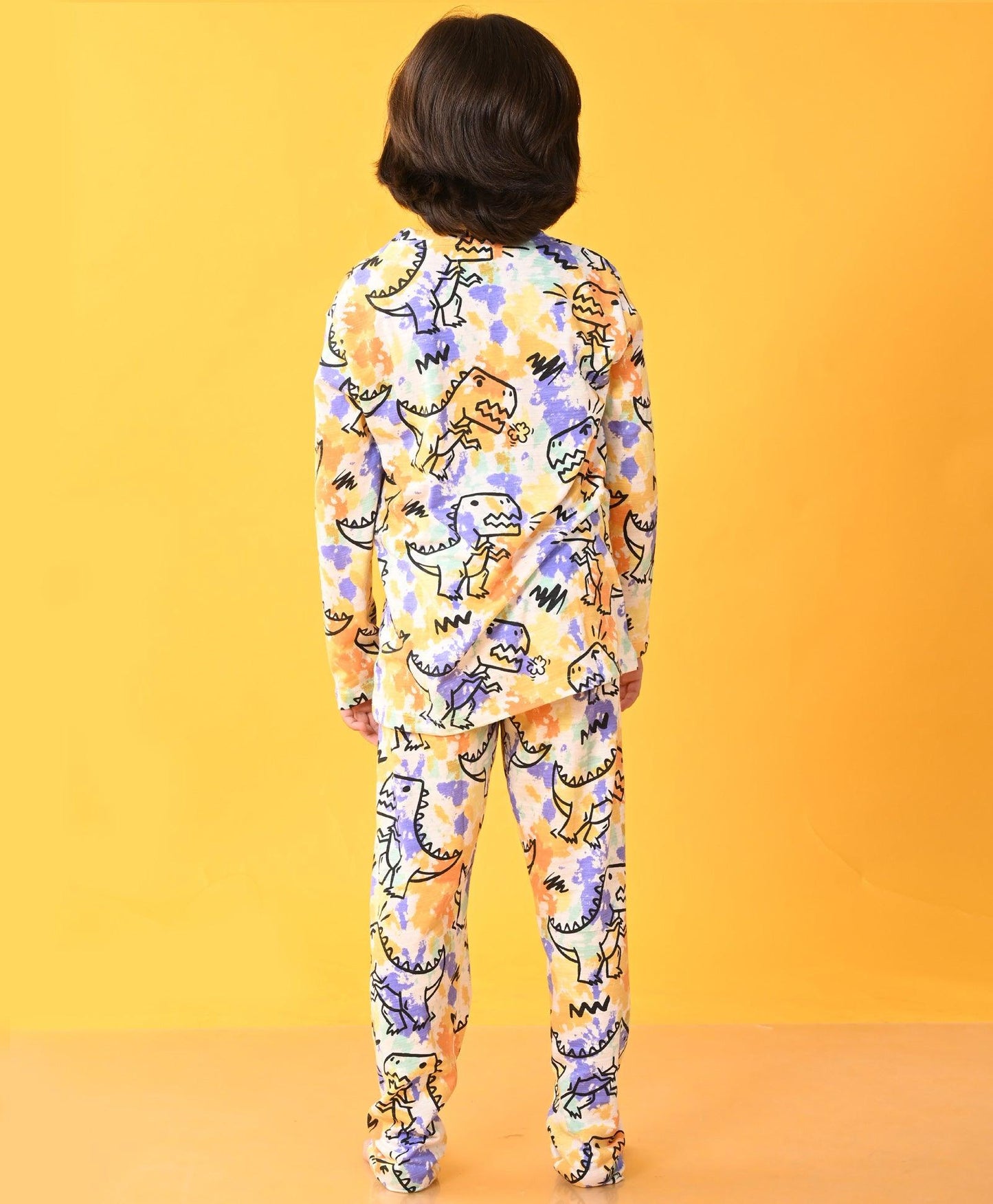 TIE DYE DINOSAUR LONG SLEEVES PYJAMA SET D - WHITE