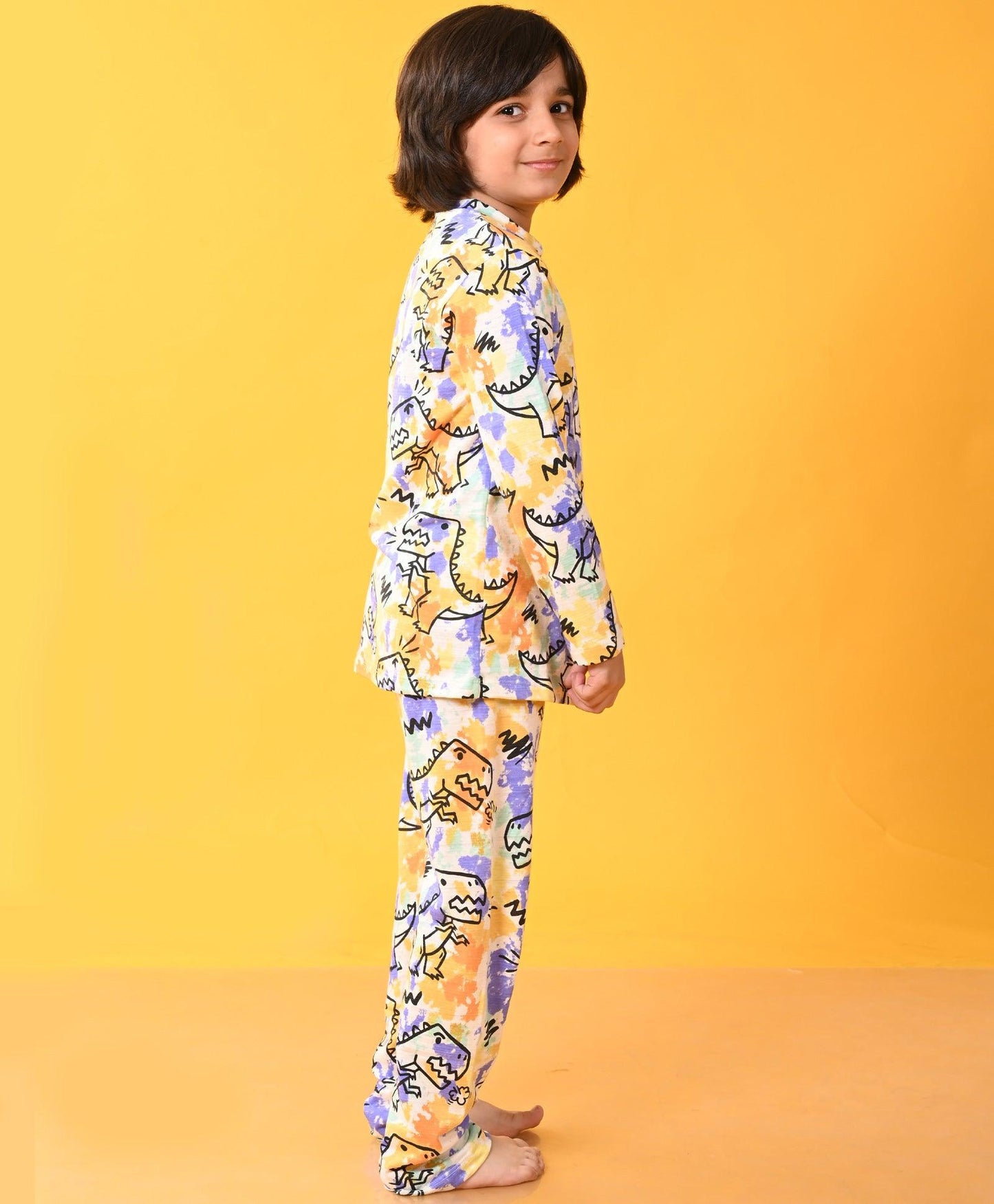 TIE DYE DINOSAUR LONG SLEEVES PYJAMA SET D - WHITE