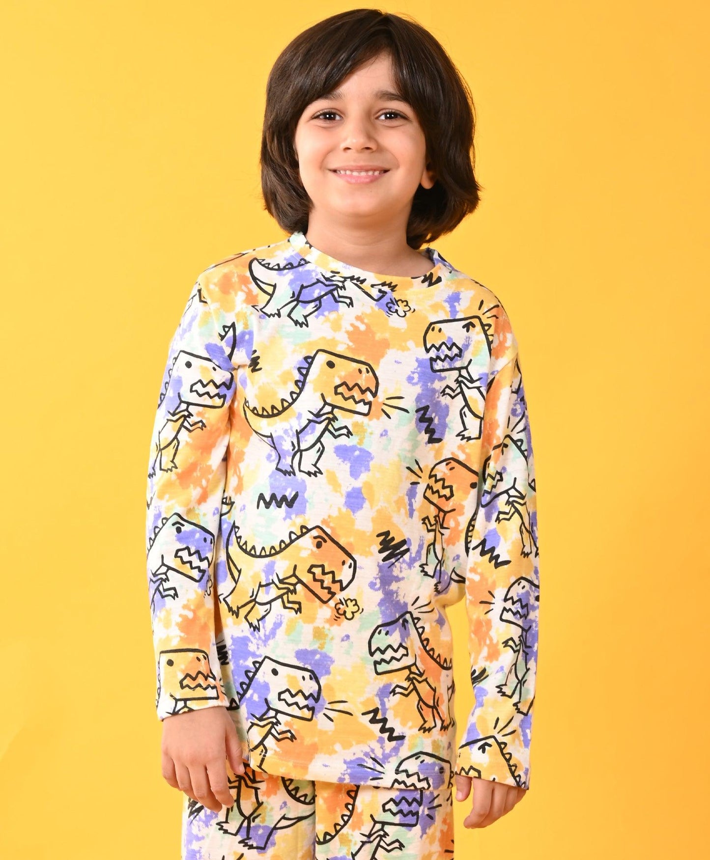 TIE DYE DINOSAUR LONG SLEEVES PYJAMA SET D - WHITE