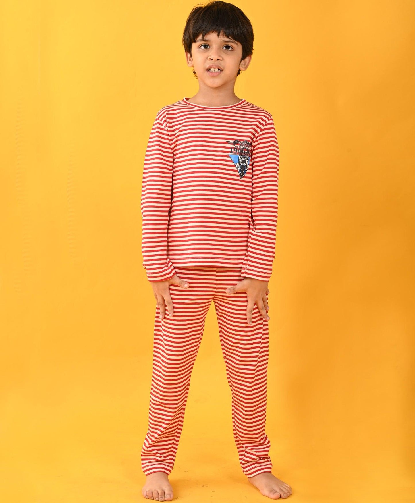 RED WHITE STRIPE BOYS LONG SLEEVE PYJAMA SET - RED/WHITE
