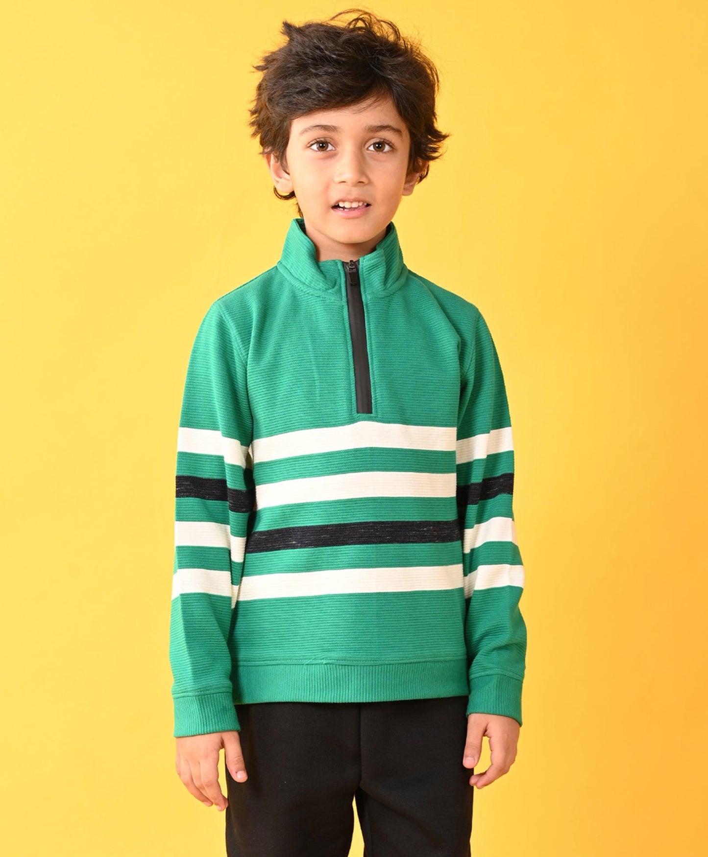 GREEN STRIPER HALF ZIPPER BOYS SWEATSHIRT - GREEN