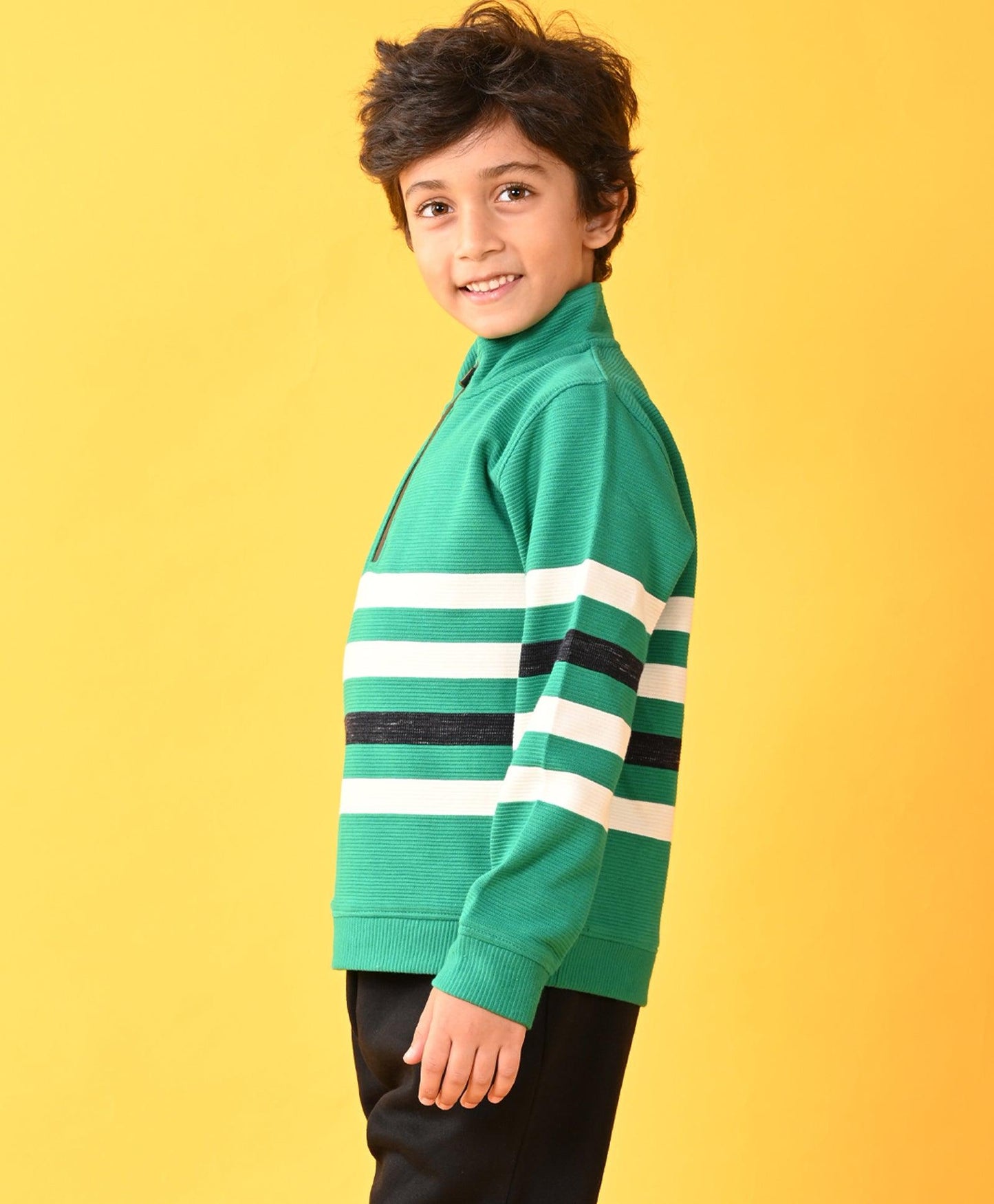 GREEN STRIPER HALF ZIPPER BOYS SWEATSHIRT - GREEN