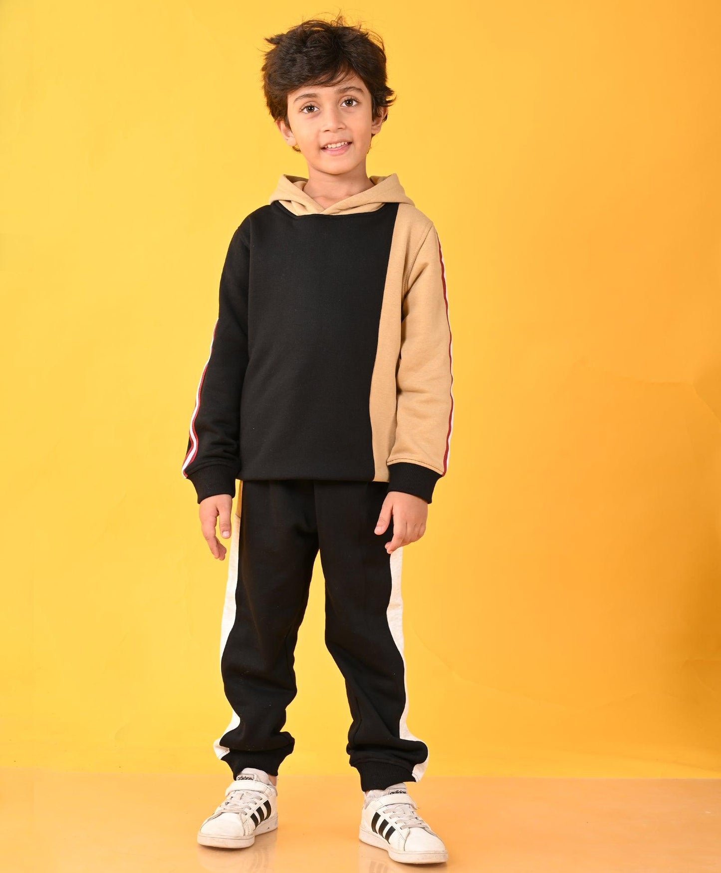 BLACK BEIGE SIDE TAPE HOODIE FLEECE JOGGER SET - BLACK